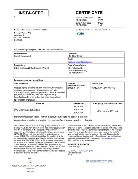 Godkendelse - No. 2127 - INSTA-CERT - korrugerede PVC brønde