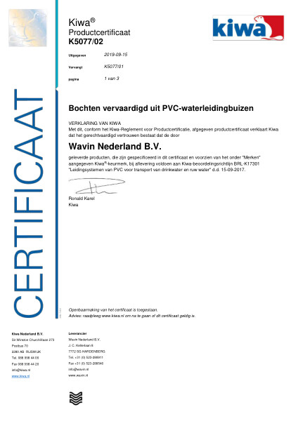 Certificaat Kiwa-ATA K5077/02 Bochten vervaardigd uit PVC-waterleidingbuizen