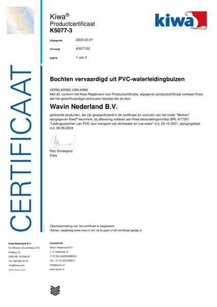Certificaat Kiwa-ATA K5077-3 Bochten vervaardigd uit PVC-waterleidingbuizen