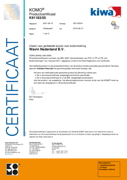 Certificaat KOMO K91183/05 Inlaten voor geribbelde buizen voor buitenriolering