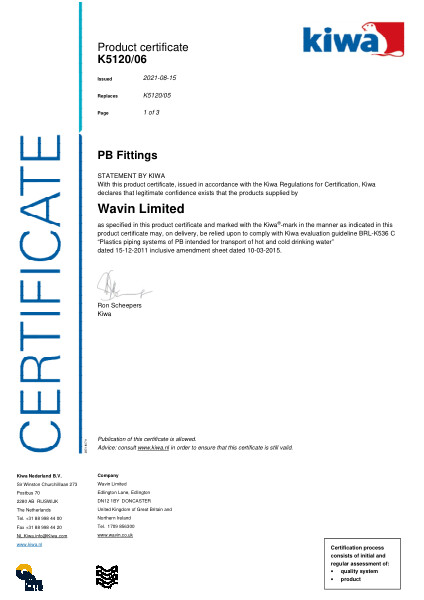 Certificaat Kiwa K5120/06 PB Fittings