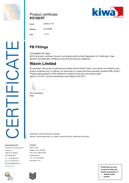 Certificaat Kiwa K5120/07 PB Fittings