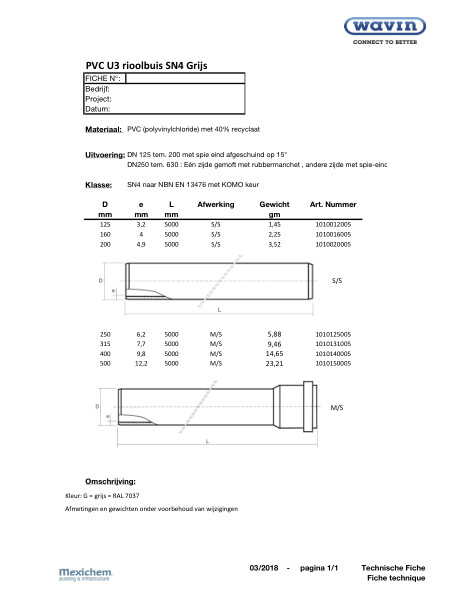 Technische fiche PVC SN4 U3 rioolbuis grijs / Fiche technique Tuyaux évacuation PVC U3 gris