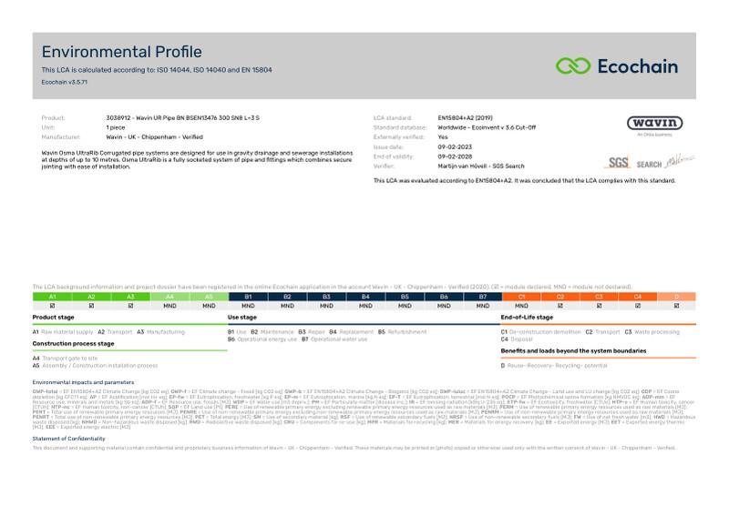 Wavin - UK - Chippenham - Verified-3038912 - Wavin UR Pipe BN BSEN13476 300 SN8 L3 S-2020-environmental-profile 2023-04-24 1407