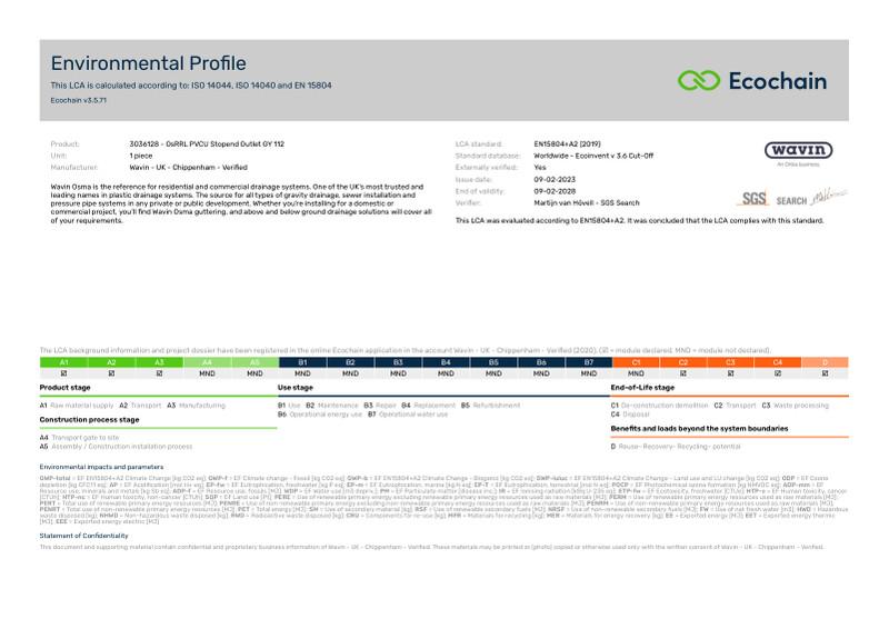 Wavin - UK - Chippenham - Verified-3036128 - OsRRL PVCU Stopend Outlet GY 112-2020-environmental-profile 2023-04-24 1306