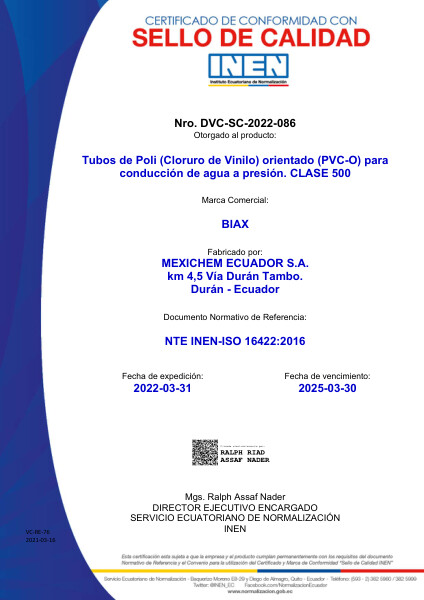 Sello Tubo PVC-O Biax Clase 500 INEN ISO 16422