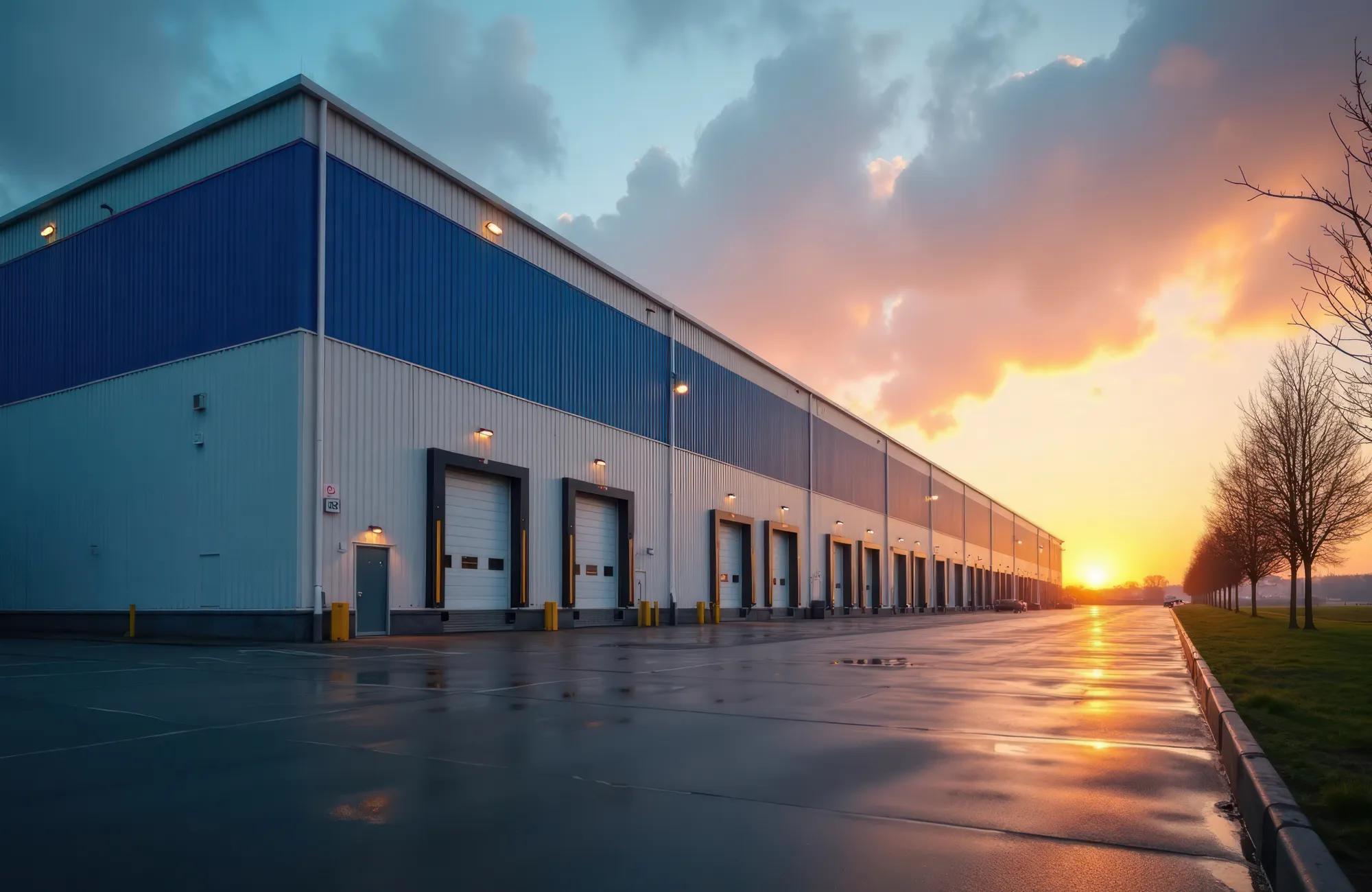 Modern warehouse complex with multiple loading docks at sunset. Exterior features striking blue, white design. Parking area paved wet. Trees line property edge. Industrial architecture at dusk.