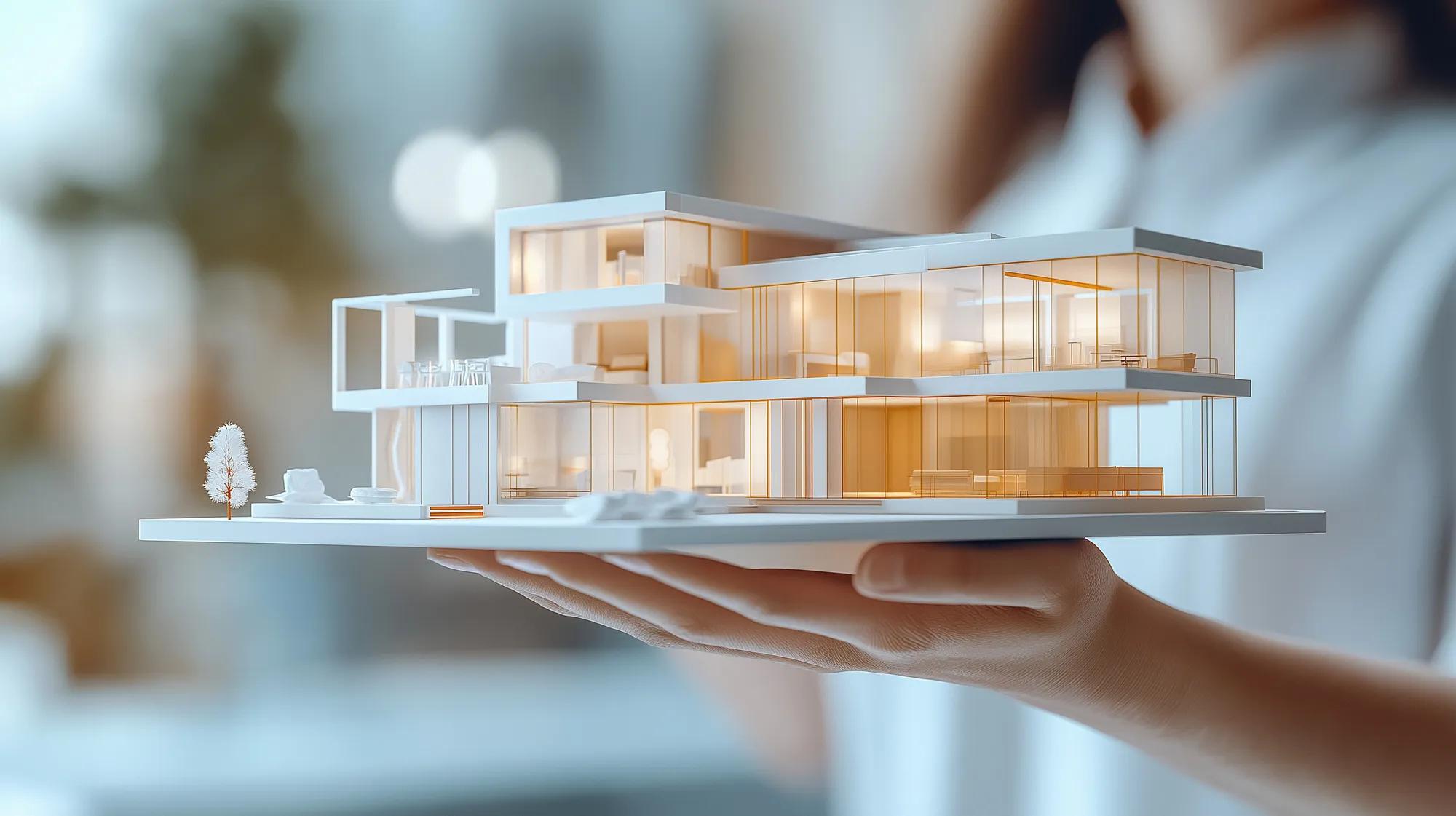 A detailed 3d model of modern room 3d, on a hand of a female architect. with a blurred background to emphasize the building's design, architect is showing us a model, architectural studio office ad, amazing symmetry, award-winning photo, premium magazine cover photo --ar 16:9 --personalize pykcpjv --v 6.1 Job ID: c970d509-6c1a-415e-bf4c-83bcf5f31cde