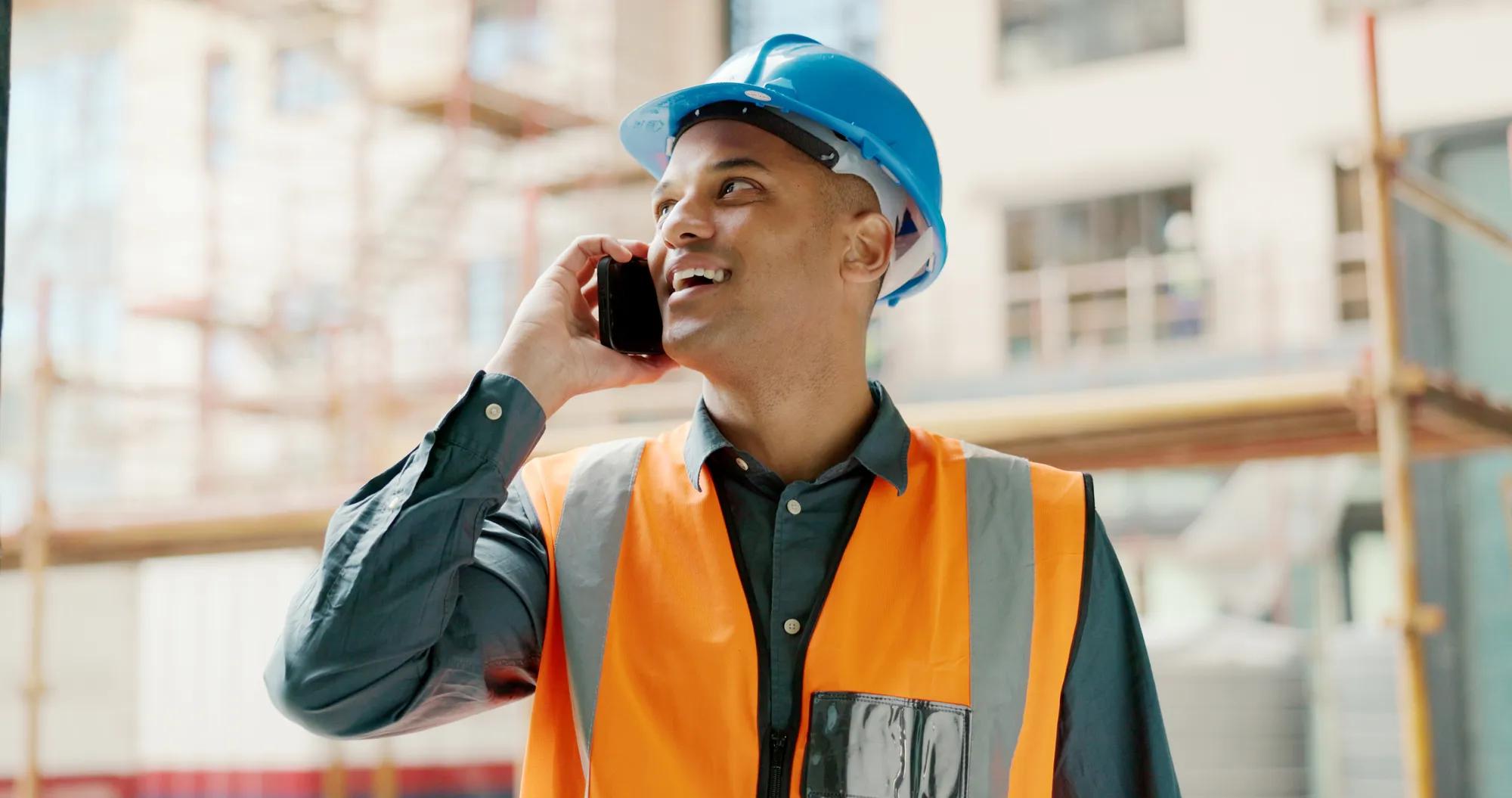 Phone call, construction site and engineer man talking for architecture planning, building project and industrial development. Builder contractor or worker cellphone conversation for property update.