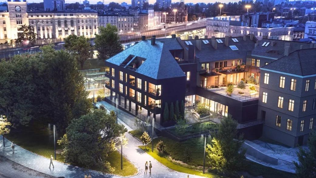 Widok z lotu ptaka na Apartamenty Królewskiej Huty ukazuje nowoczesną inwestycję w sercu Chorzowa
