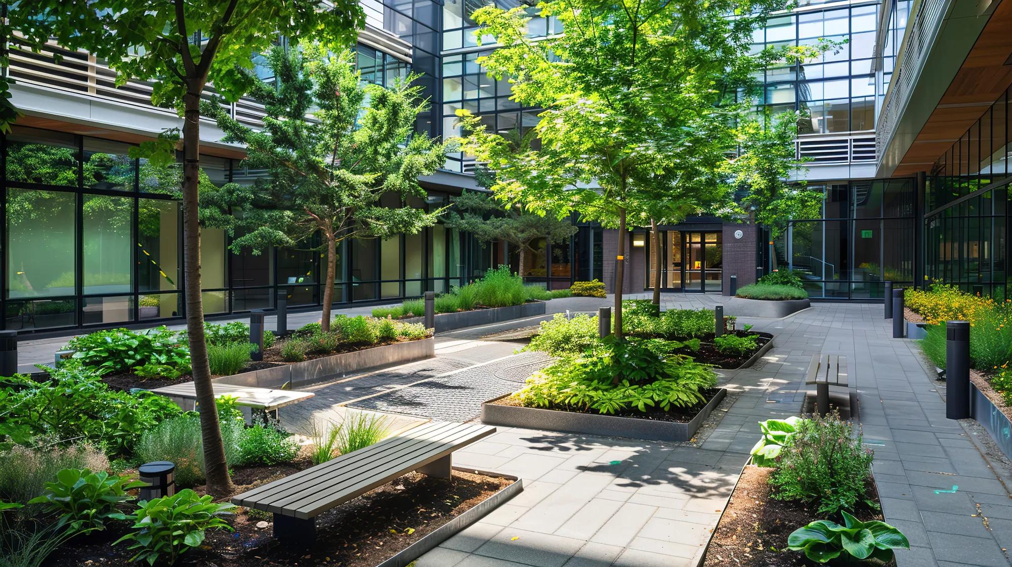 Benches and trees in a courtyard of an office building, providing a green space for relaxation and socializing. --ar 16:9 Job ID: 41fc9de6-eb7f-45b8-98c3-69eca305d67a