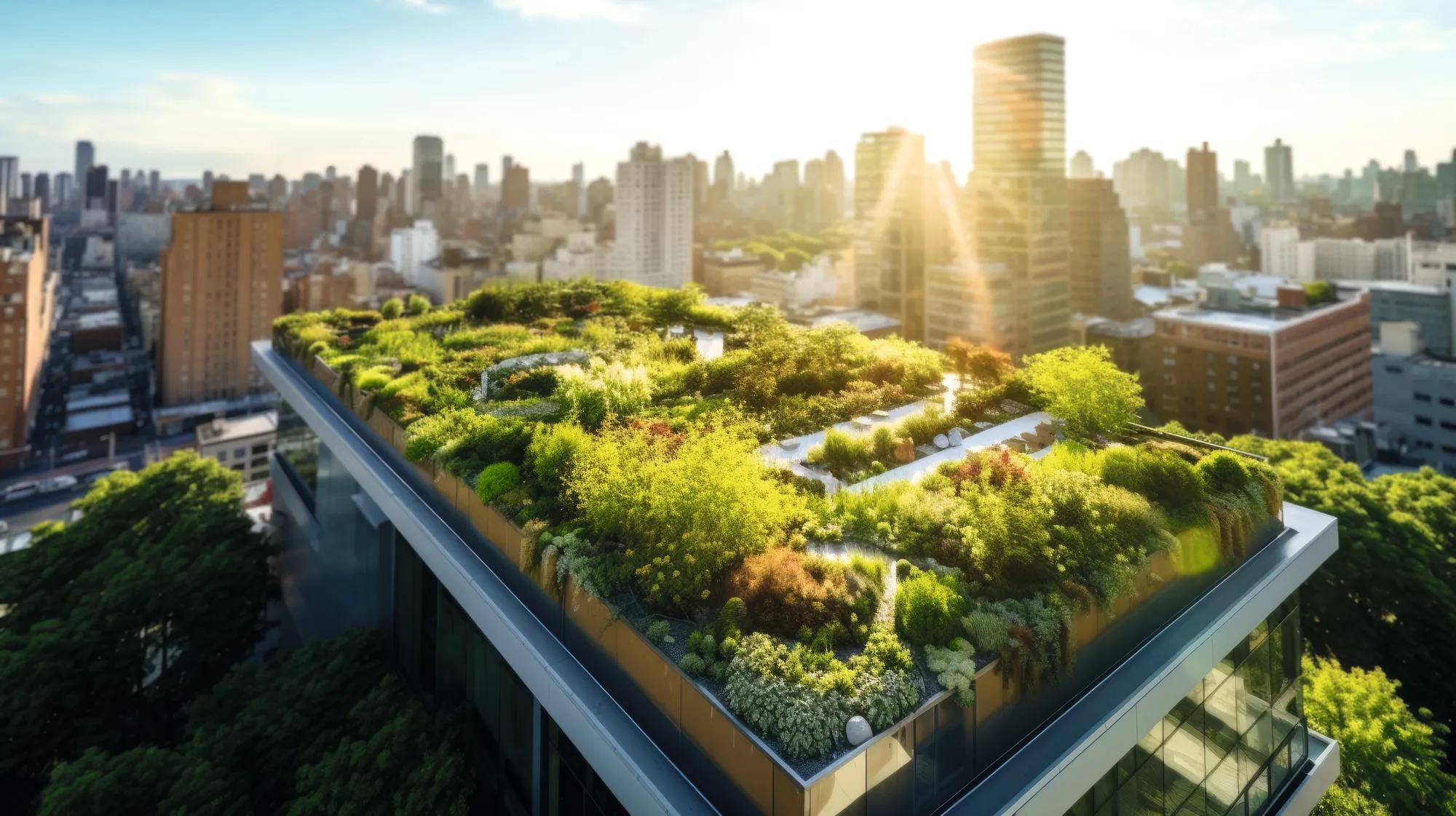 Aerial view of green rooftop garden showcasing sustainable city urban development