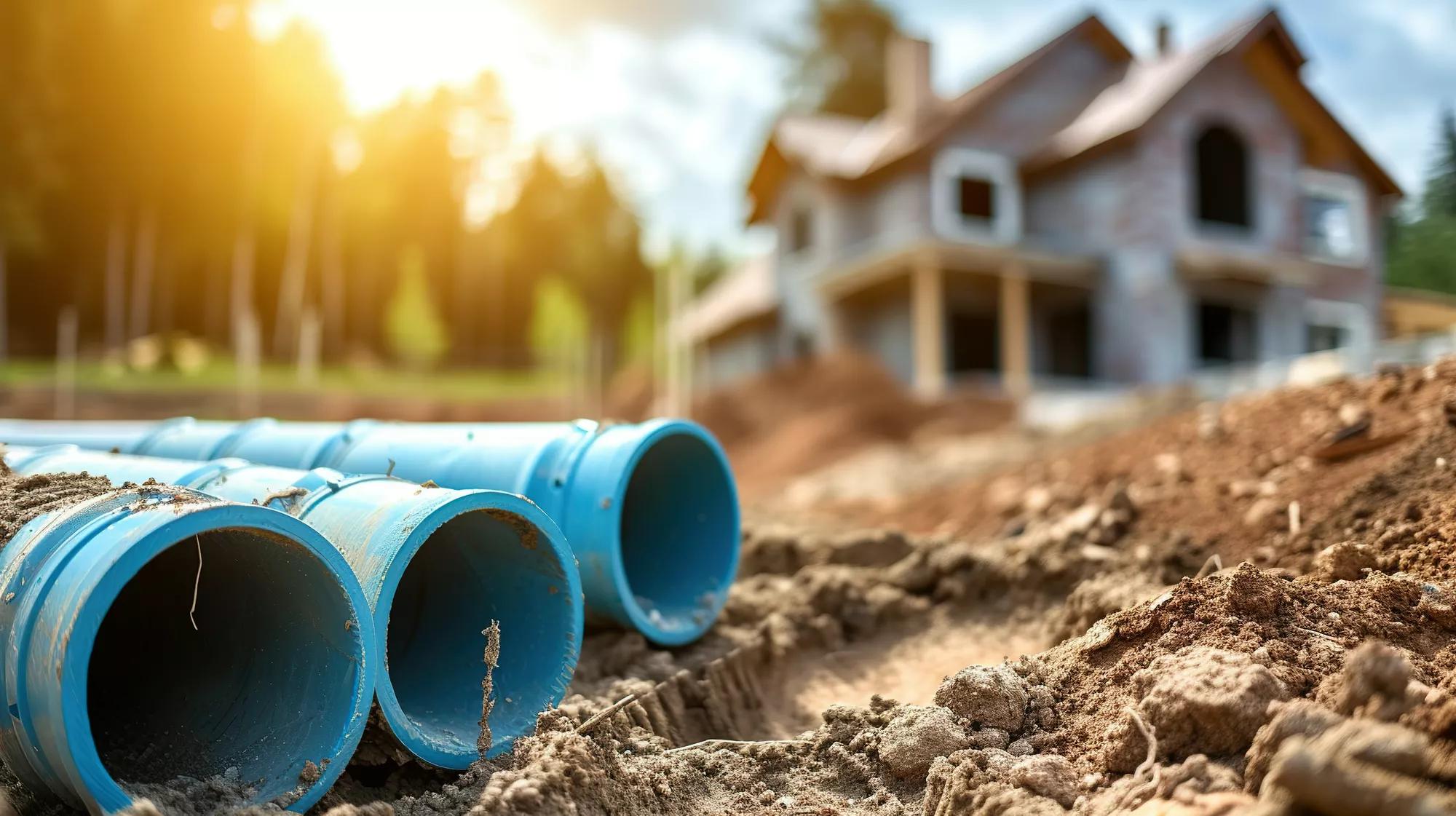 installation of a sewage plastic pipe during the construction of a house. Creative Banner. Copyspace image