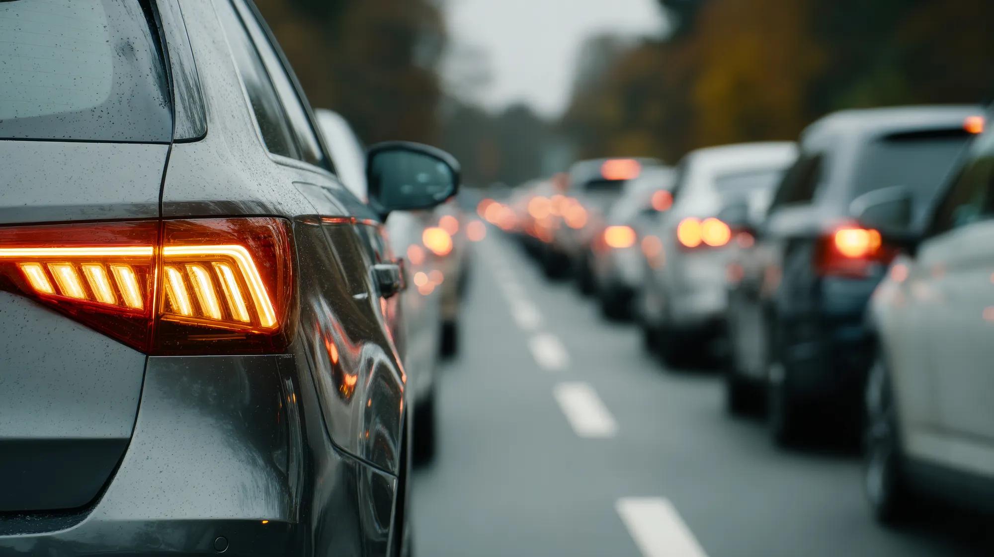 Heavy traffic on a rainy day in autumn. Vehicles are lined up on a wet road as rain falls, creating a slow-moving traffic jam in the autumn season.