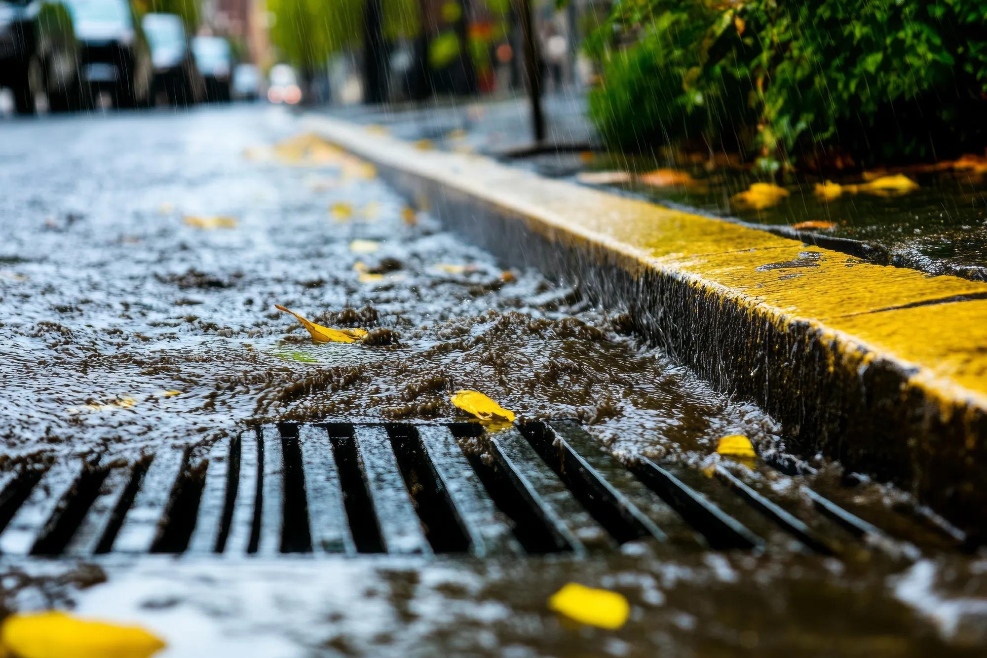Water splashing into storm drain on rainy city street.