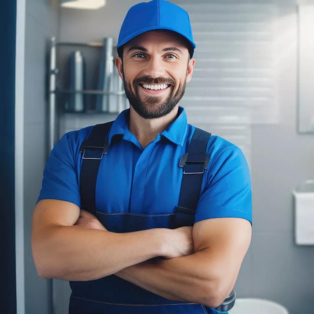 plumbing services. smiling plumber in blue uniform standing in bathroom. banner with copy space
