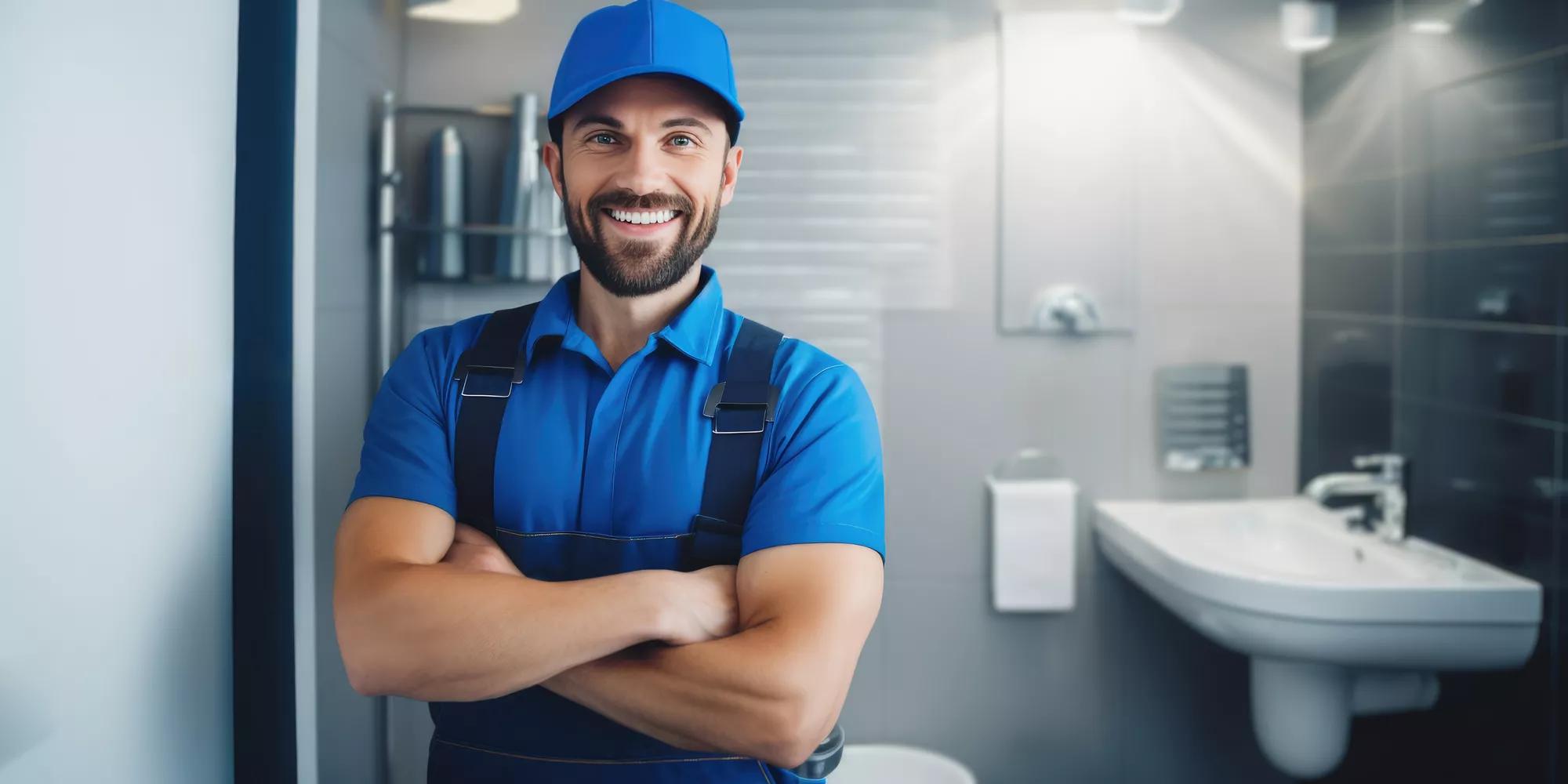 plumbing services. smiling plumber in blue uniform standing in bathroom. banner with copy space