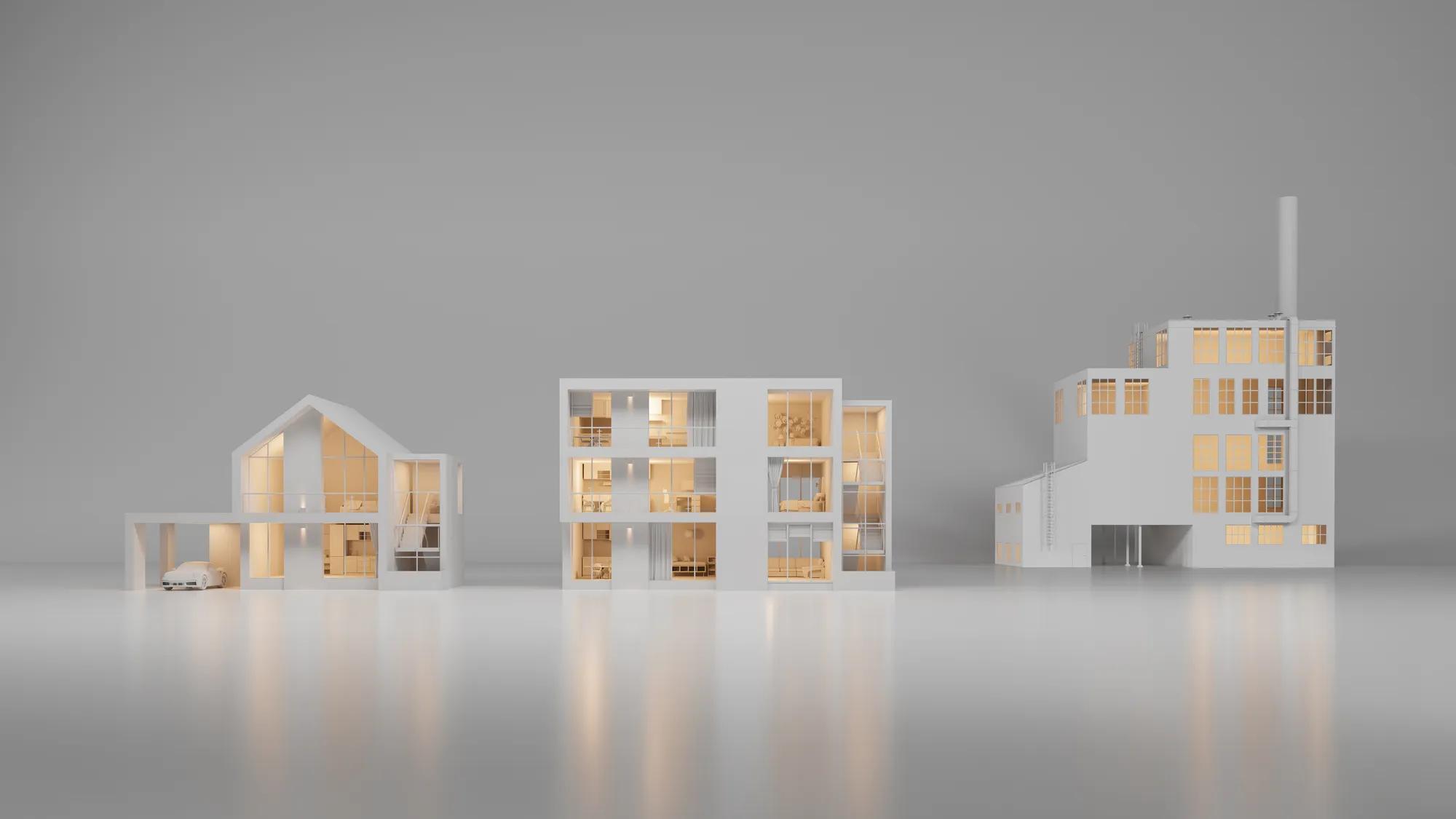 Single family and apartment buildings with a district heating utility on the side