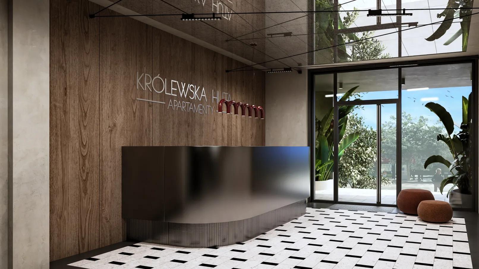 Stylowa recepcja Apartamentów Królewskiej Huty – połączenie elegancji, światła i zieleni.