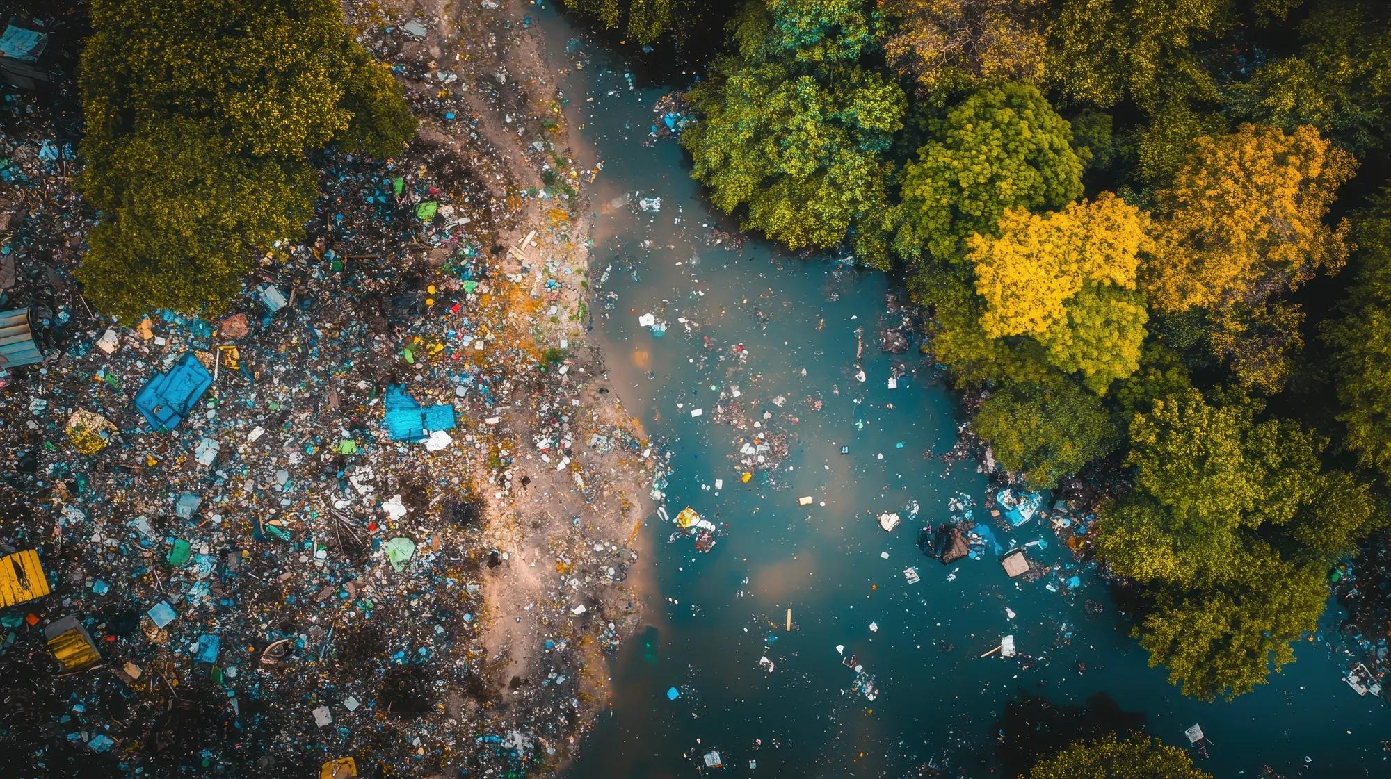 An aerial view reveals a polluted river heavily contaminated with trash and debris, flowing adjacent to a vibrant green forest, representing the dire consequences of environmental neglect and the urgent need for conservation.