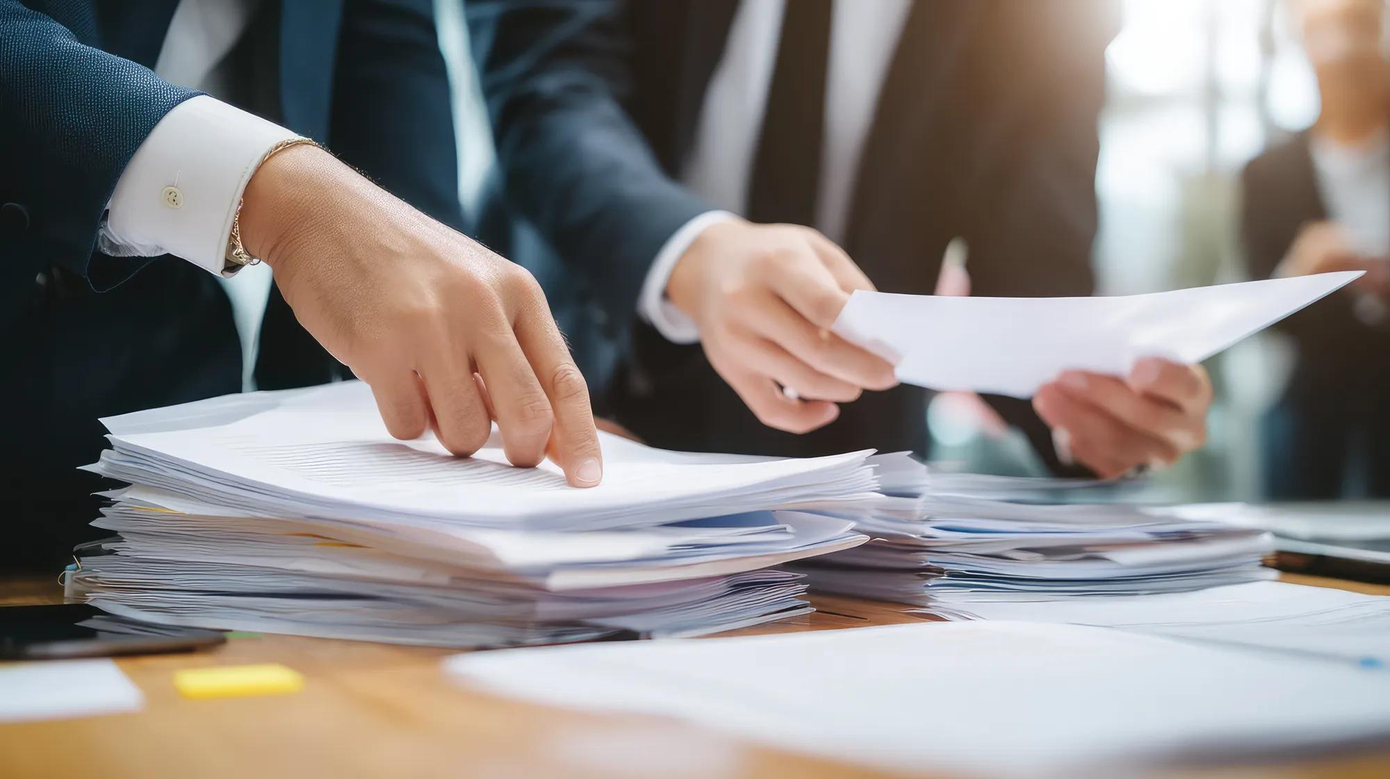 Human resources managers in an office setting carefully review complaint files, highlighting the importance of fair and thorough resolution of workplace conflicts. --ar 16:9 --quality 4 --raw --stylize 50 --v 7 Job ID: 62fcf37a-f914-488f-a250-6107275cd467