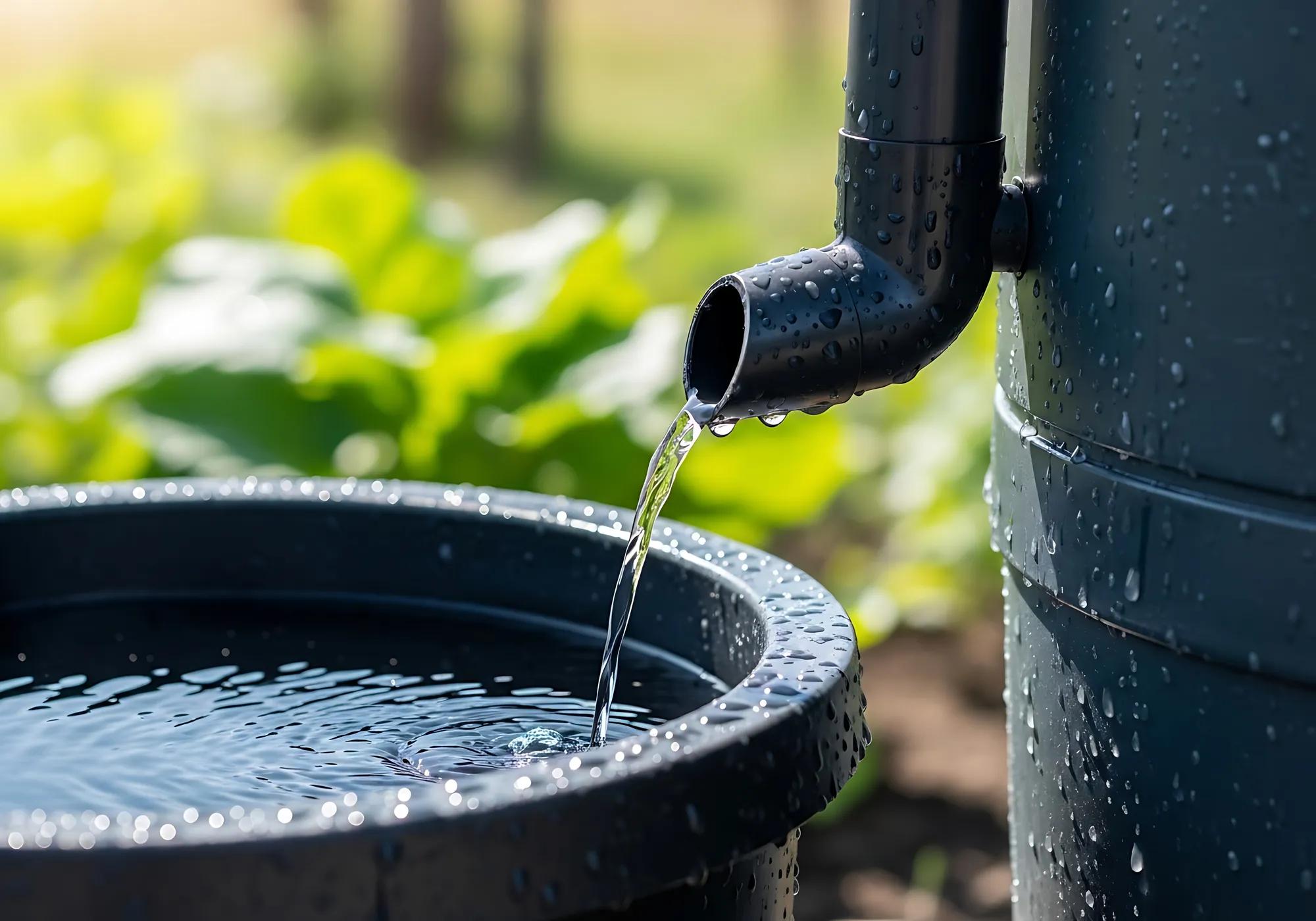 Rainwater harvesting system with water flowing into a collection barrel.