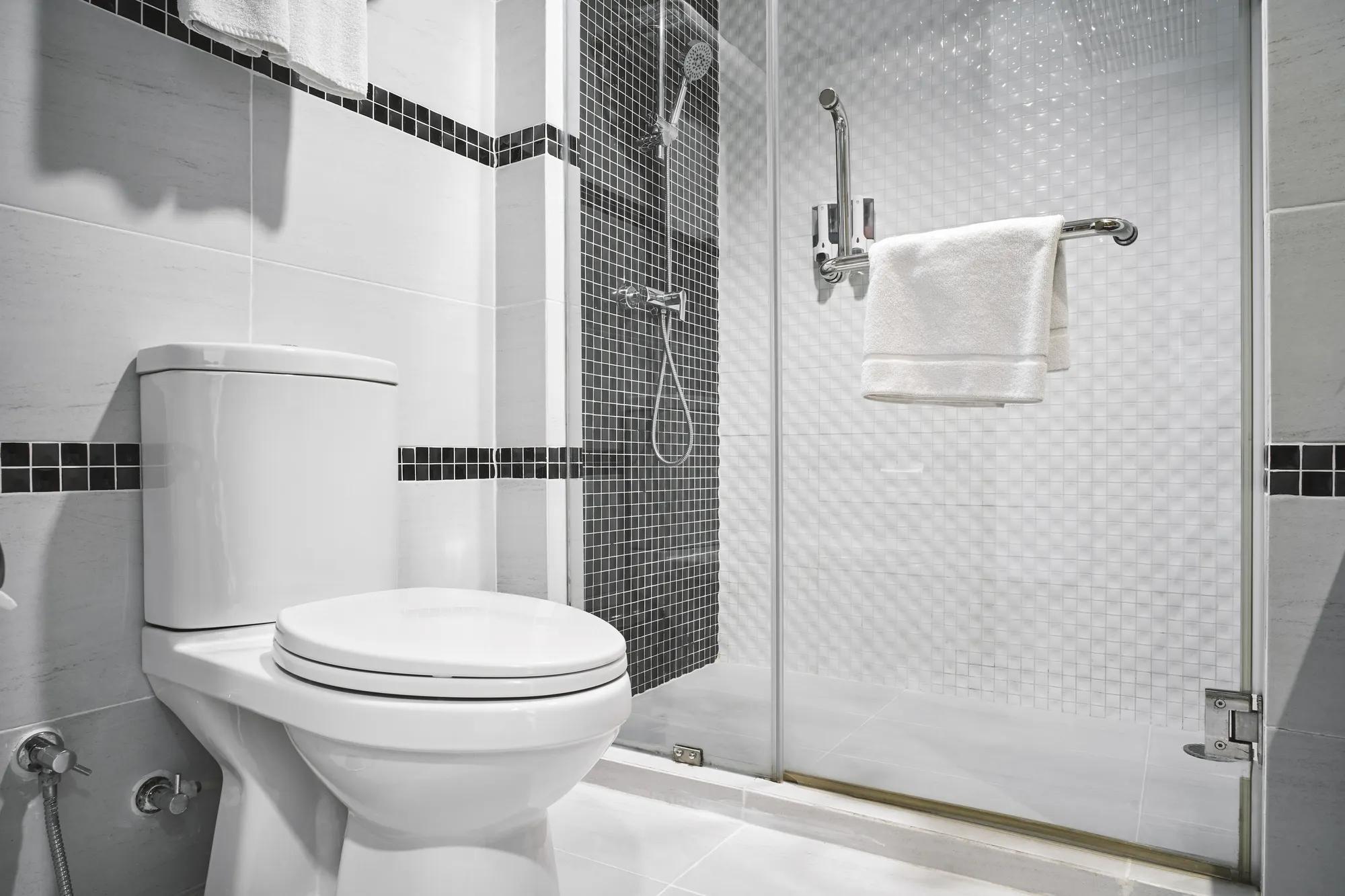 Concept of modern decoration design of bathtoom with toilet and shower decorating with black and white ceramic for luxury hote, condominium, residential