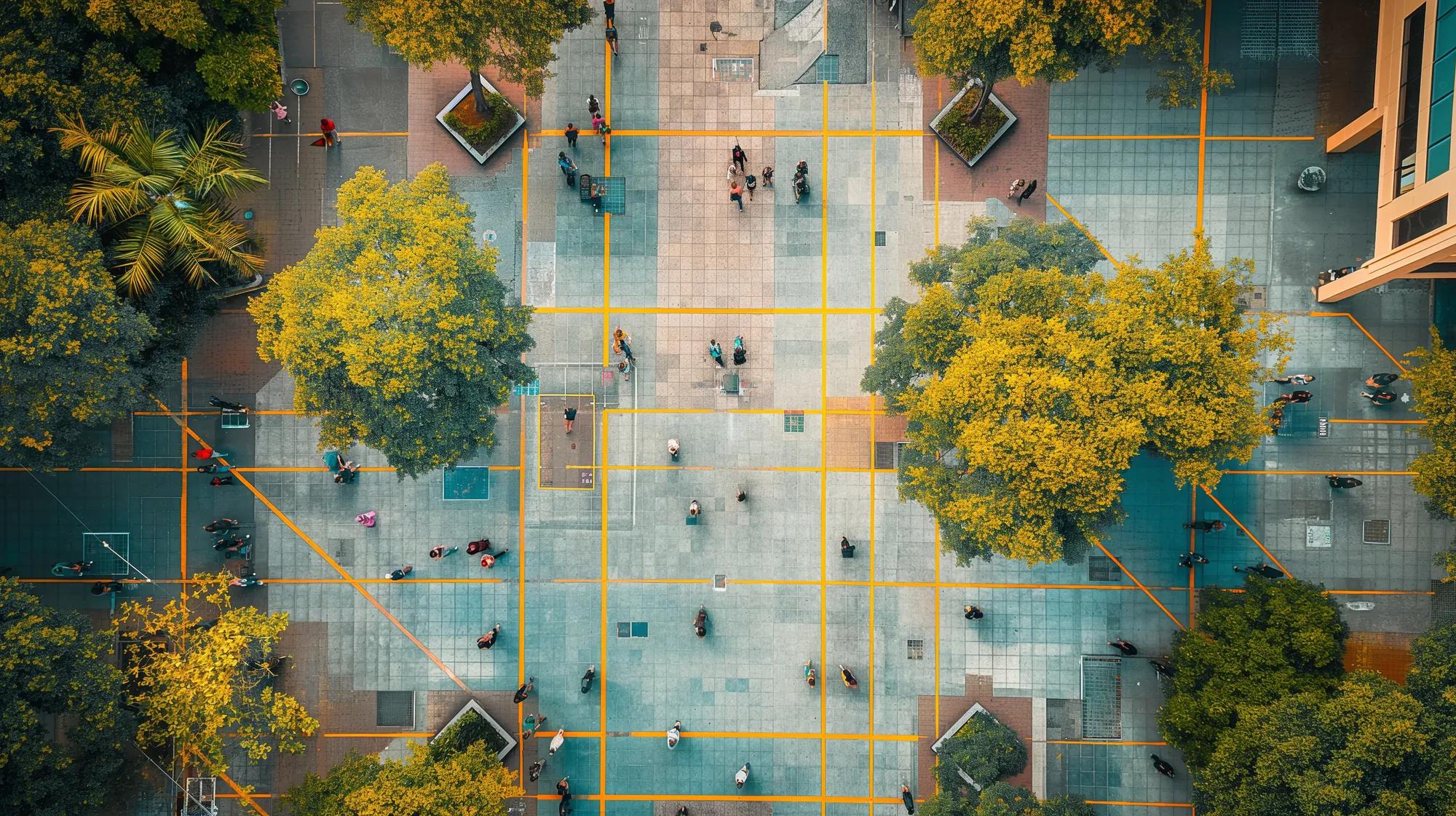Aerial view of a city square with people walking around a tiled plaza with trees and planters