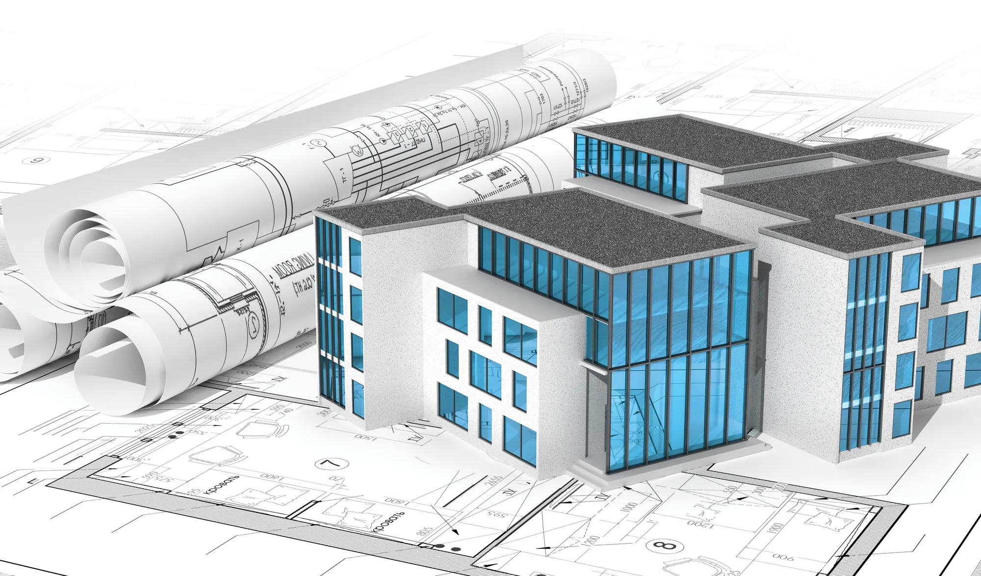 facade of new high-rise buildings located on the architectural plan. 3d illustration