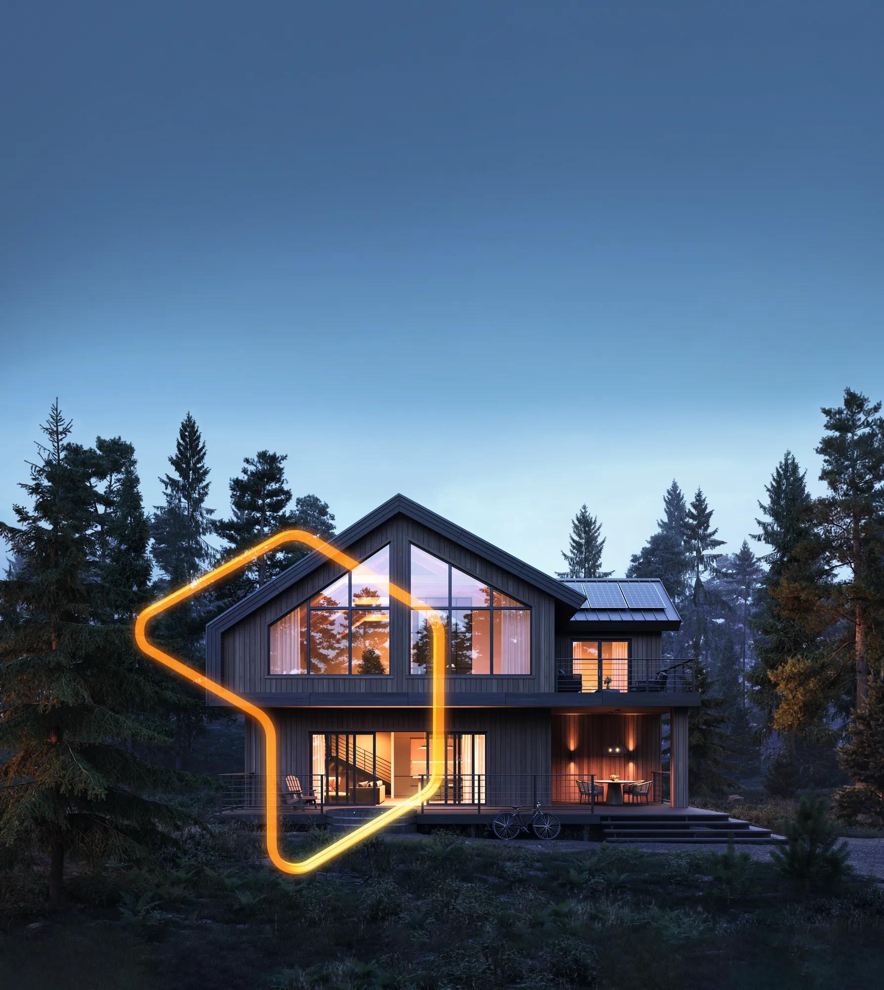 3d render of forest house with large windows and surrounded by trees during night. Digitally generated image of a luxurious style forest bungalow during evening.