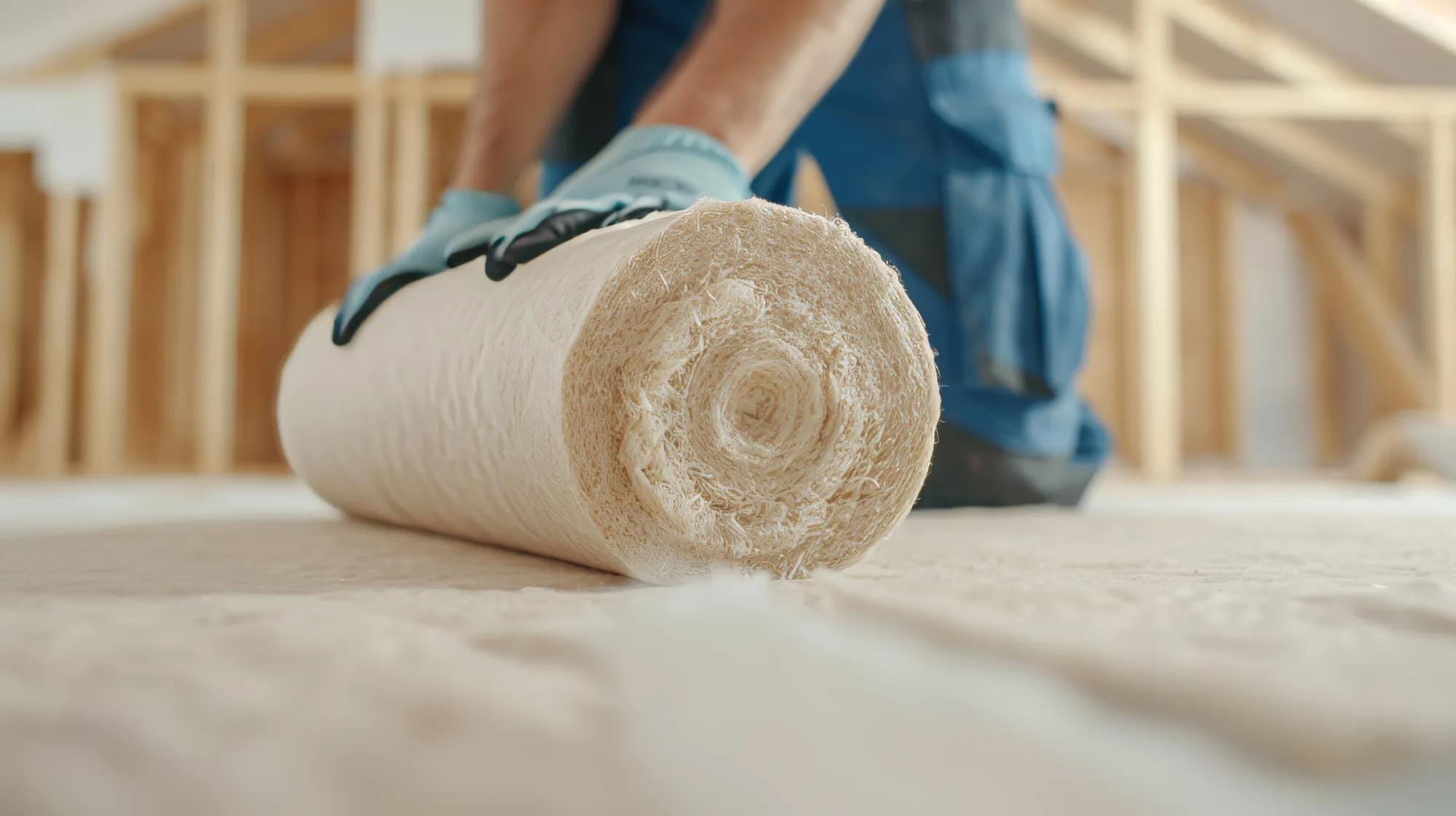 Insulation roll being installed in a residential building, highlighting its thermal resistance and shielding properties for better climate control
