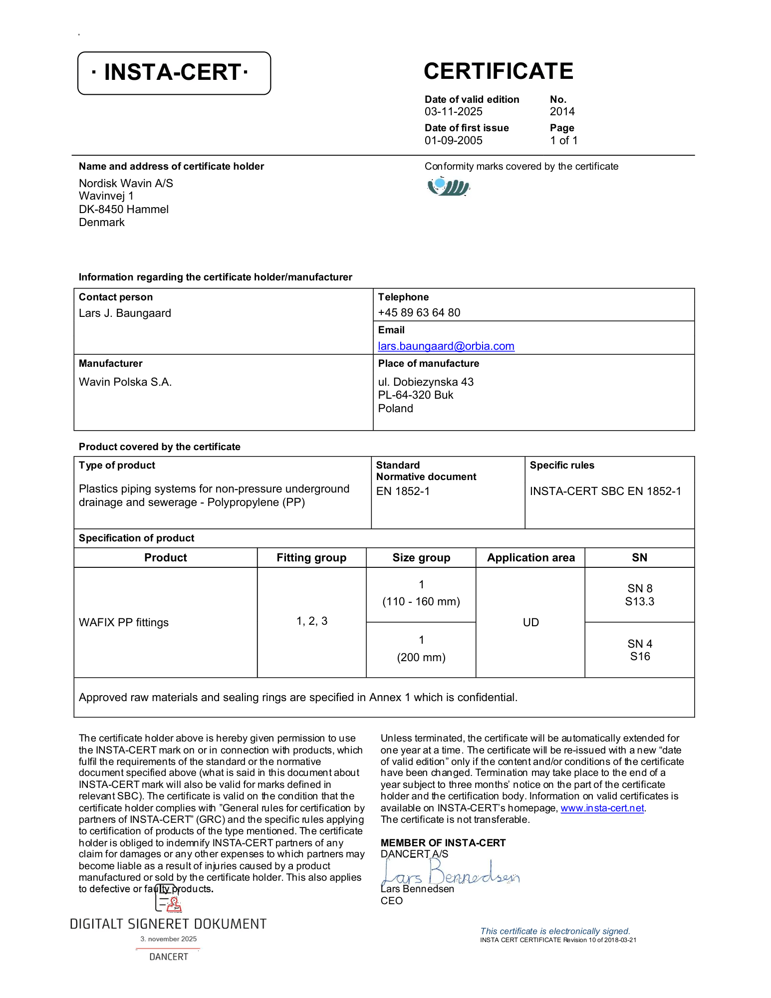INSTA-CERT - No. 2014 - Plastics piping systems for non-pressure underground drainage and sewerage - Polypropylene (PP)