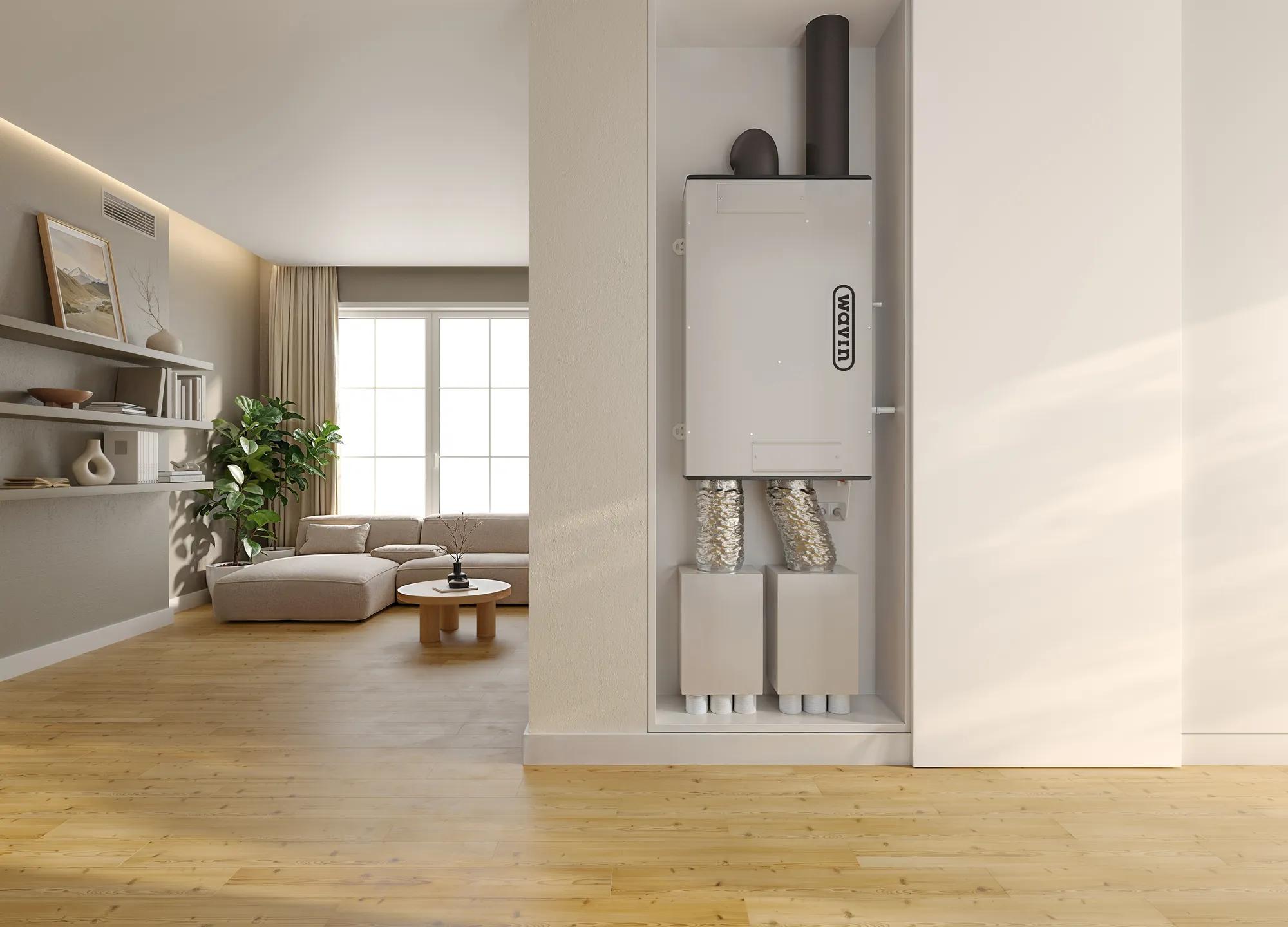 ICS Italian MVHR mounted in cabinet in a living room