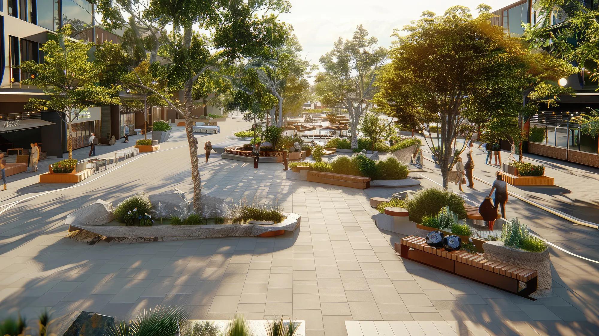 Vibrant Urban Plaza with Greenery and Outdoor Activity Space  
