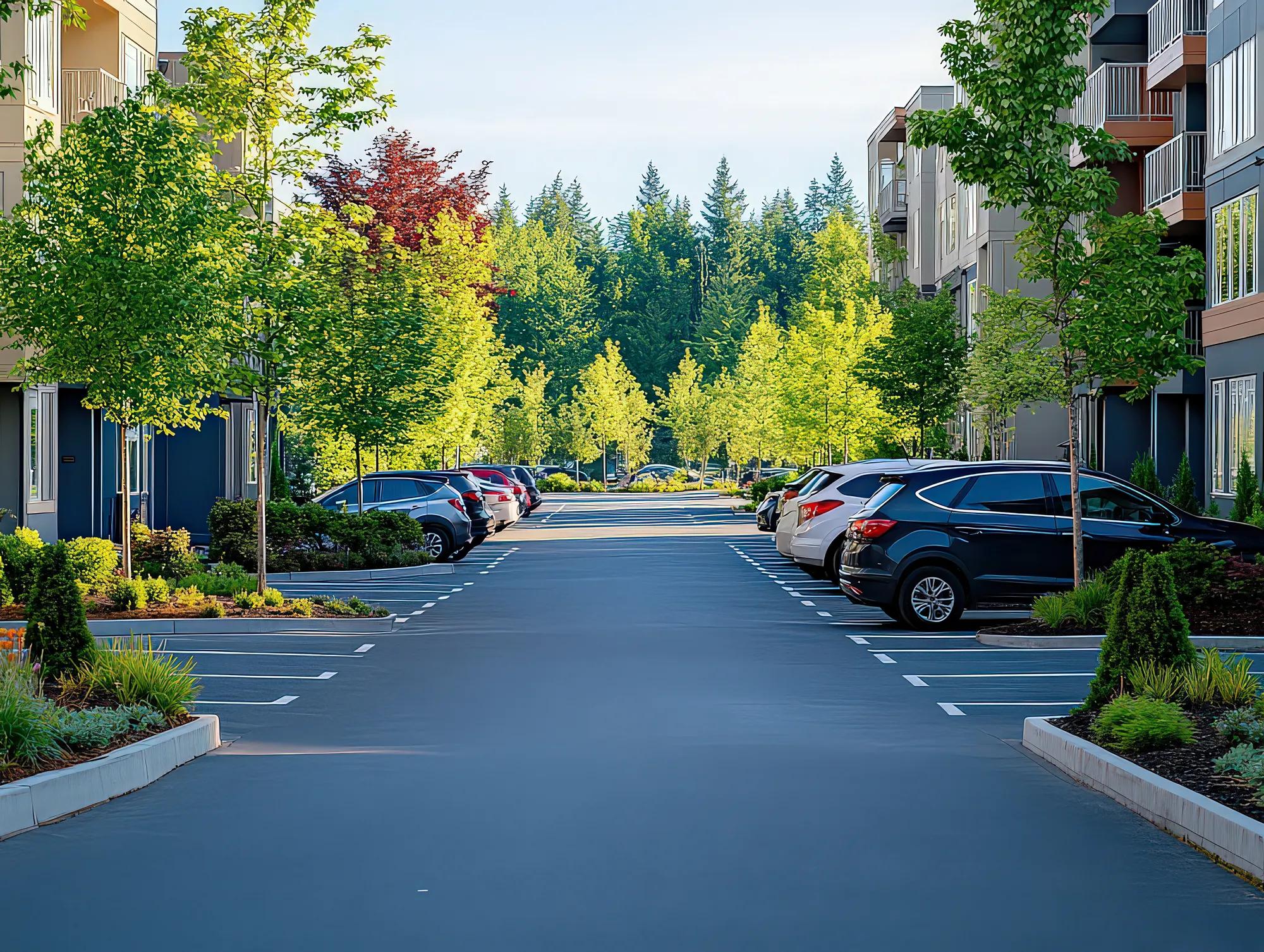 20241028011343list 27 A car entering a suburban parking lot surrounded by small trees and landscaping, with clearly marked spots visible ahead. The lot has an inviting atmosphere, with greenery softening the concrete surroundings. HD --ar 4:3 --style raw --stylize 250 --v 6.1 Job ID: b8ba2f59-05f8-4cf7-8e41-a1cf7d2399b5