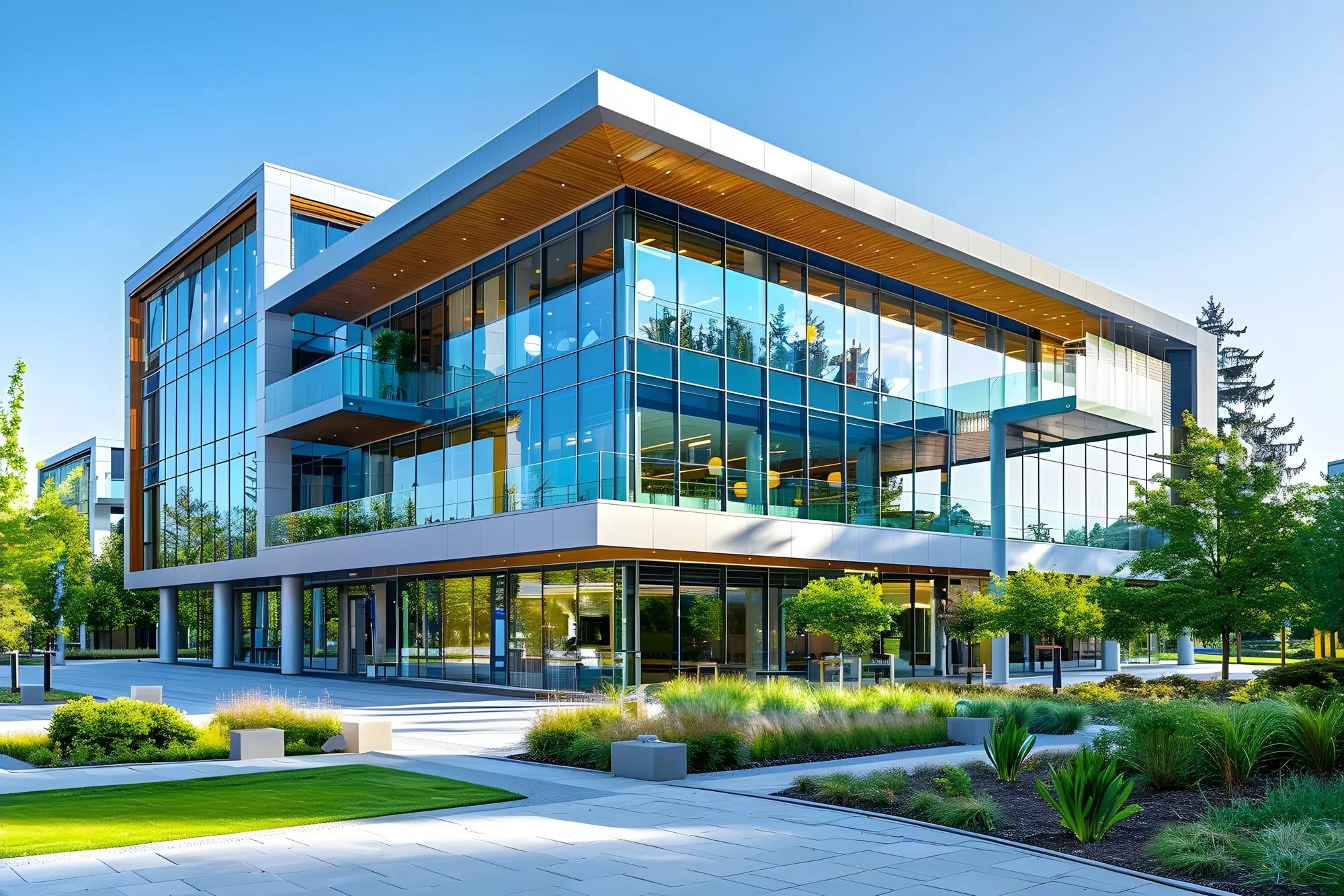 A modern corporate building showcasing ESG principles and sustainable practices. Concept Sustainable Architecture, ESG Principles, Green Building, Corporate Sustainability, Modern Design