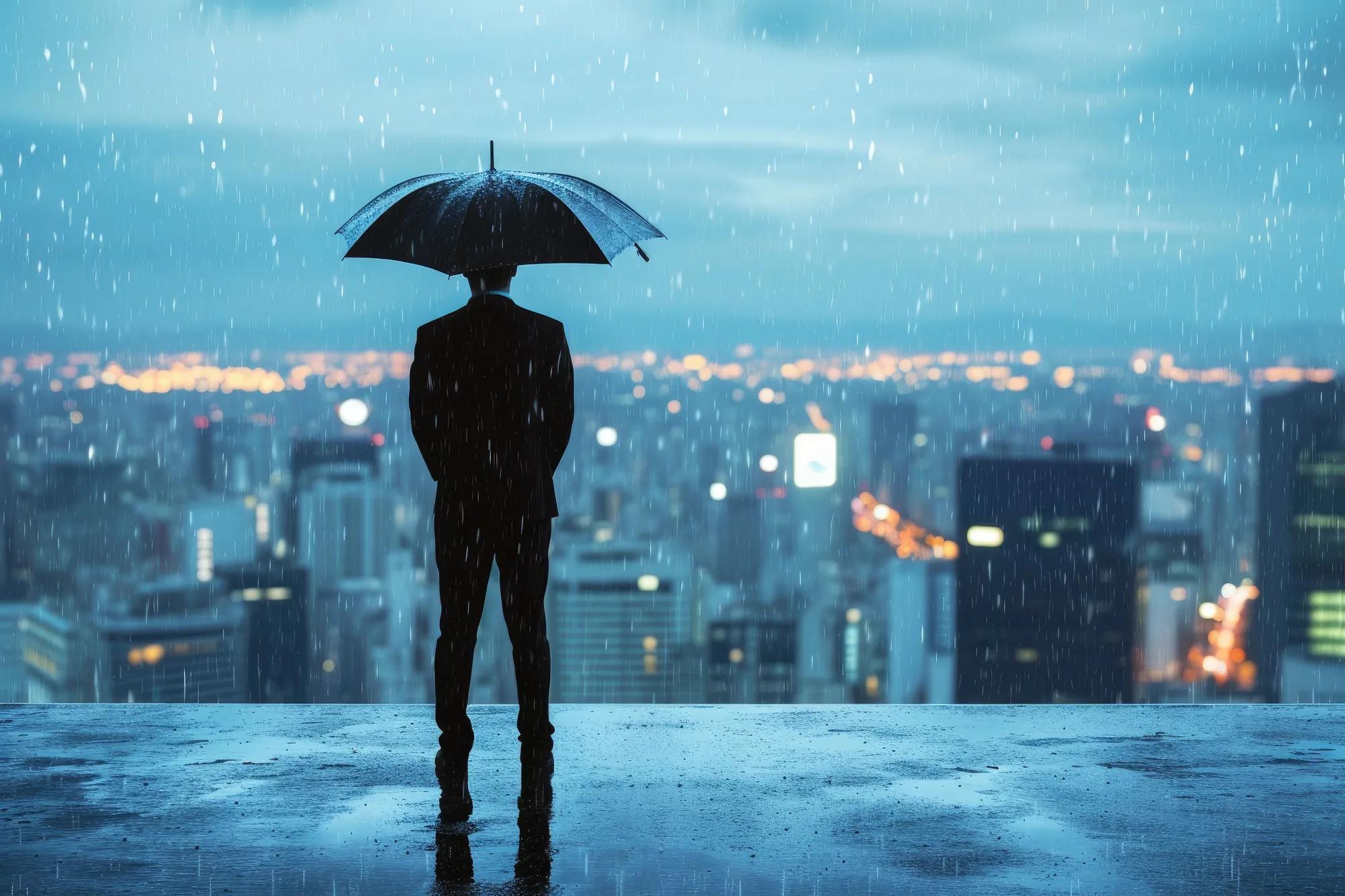 Businessman with umbrella standing in rain in urban city landscape. Generative AI