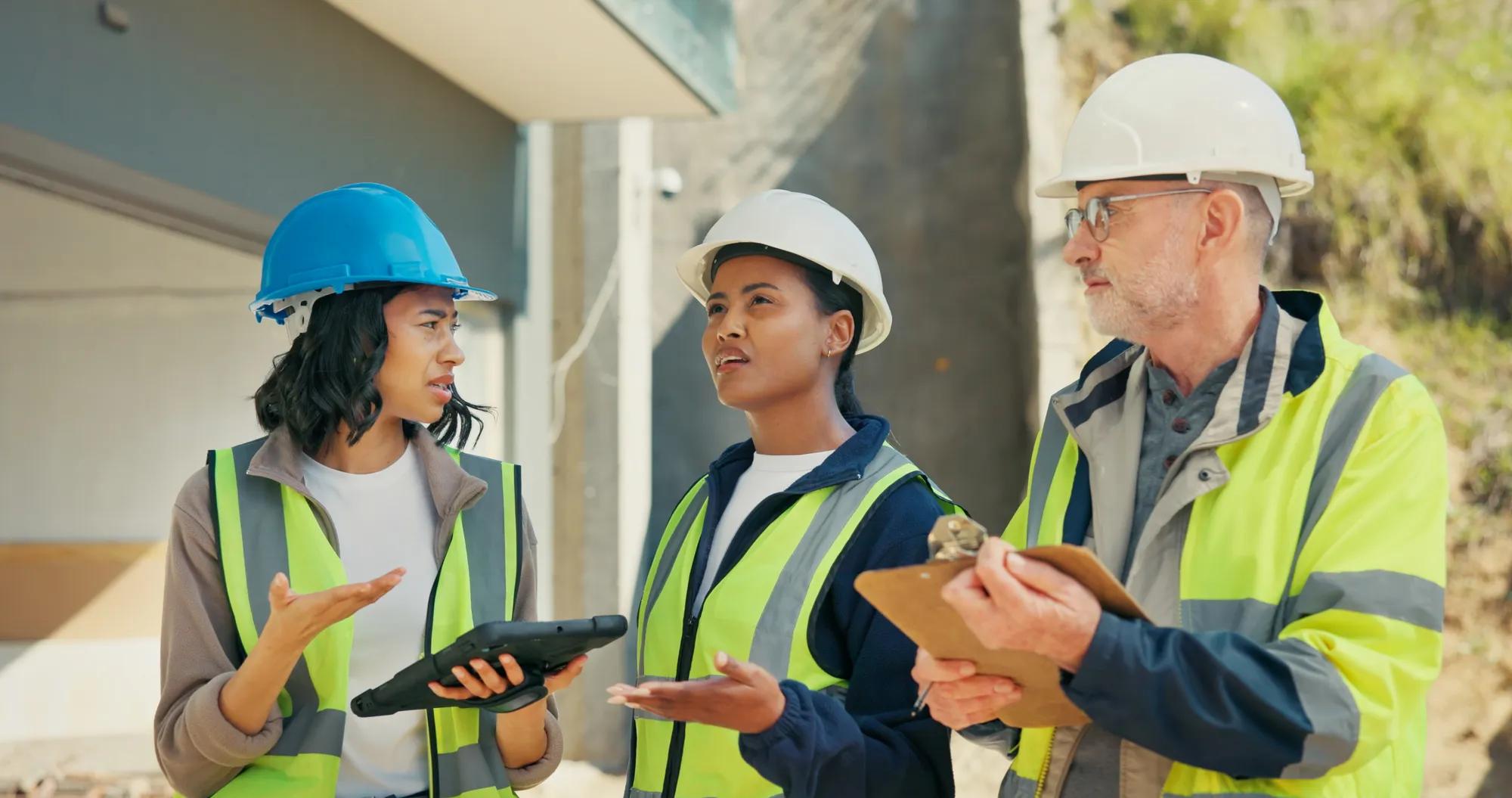 Construction, team or problem solving with building inspection or confused with load evaluation. People, engineer or unsure electrician at site with tablet, checklist or electrical system maintenance.