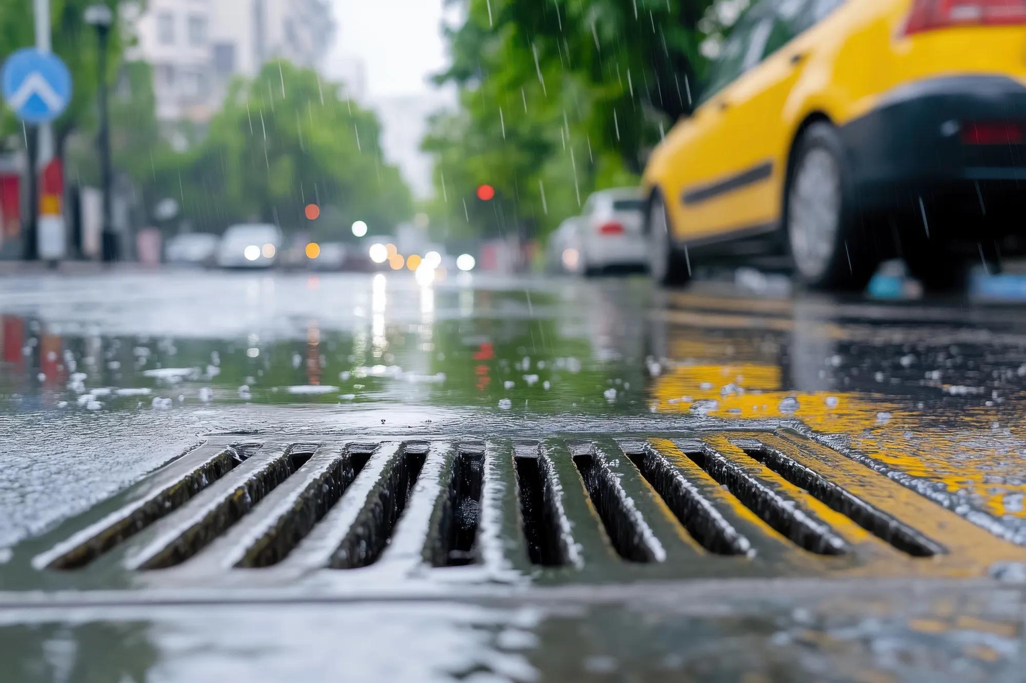 Low-angle view of a wet urban street with visible stormwater channels guiding rain into large street drains, modern cityscape in the background --chaos 20 --ar 3:2 --profile m2wnc75 --v 6.1 Job ID: 9589adbb-2b6d-4c83-aa3d-166905c060d0