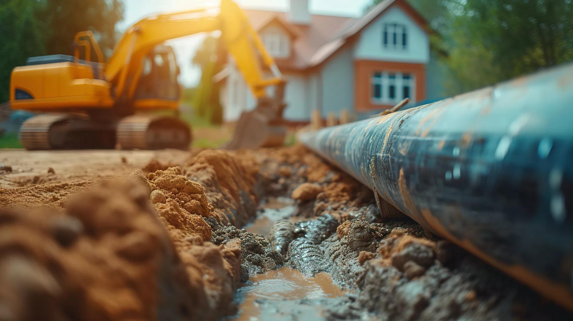 installation of a sewage plastic pipe during the construction of a house. Creative Banner. Copyspace image