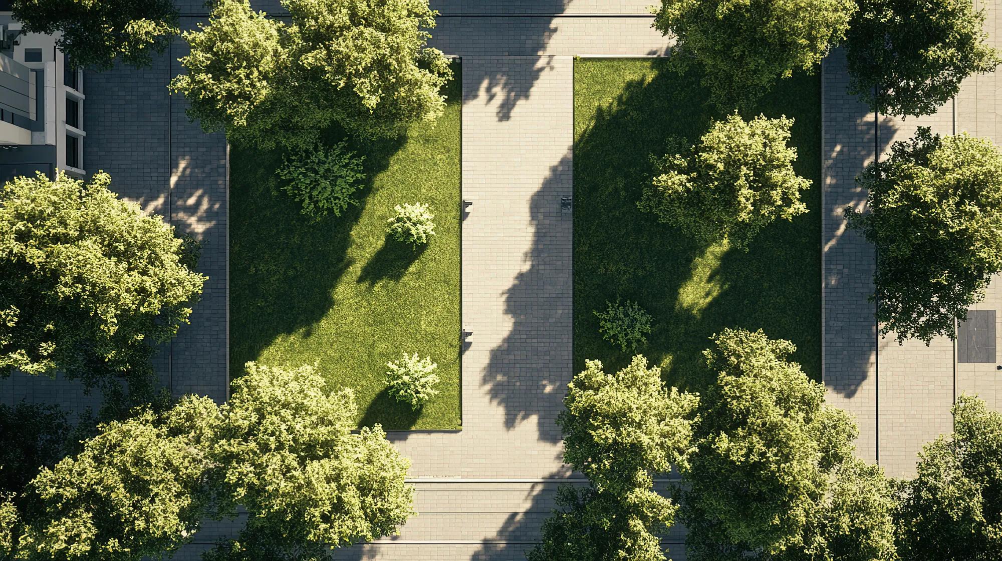 Aerial view of a city park with lush green trees and walkways.