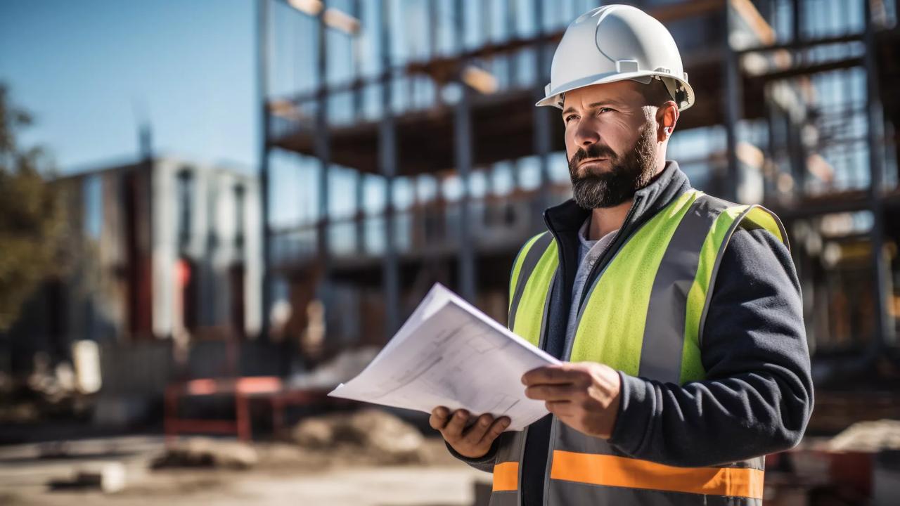 Building inspector, Engineering consulting people on construction site holding blueprint in his hand.