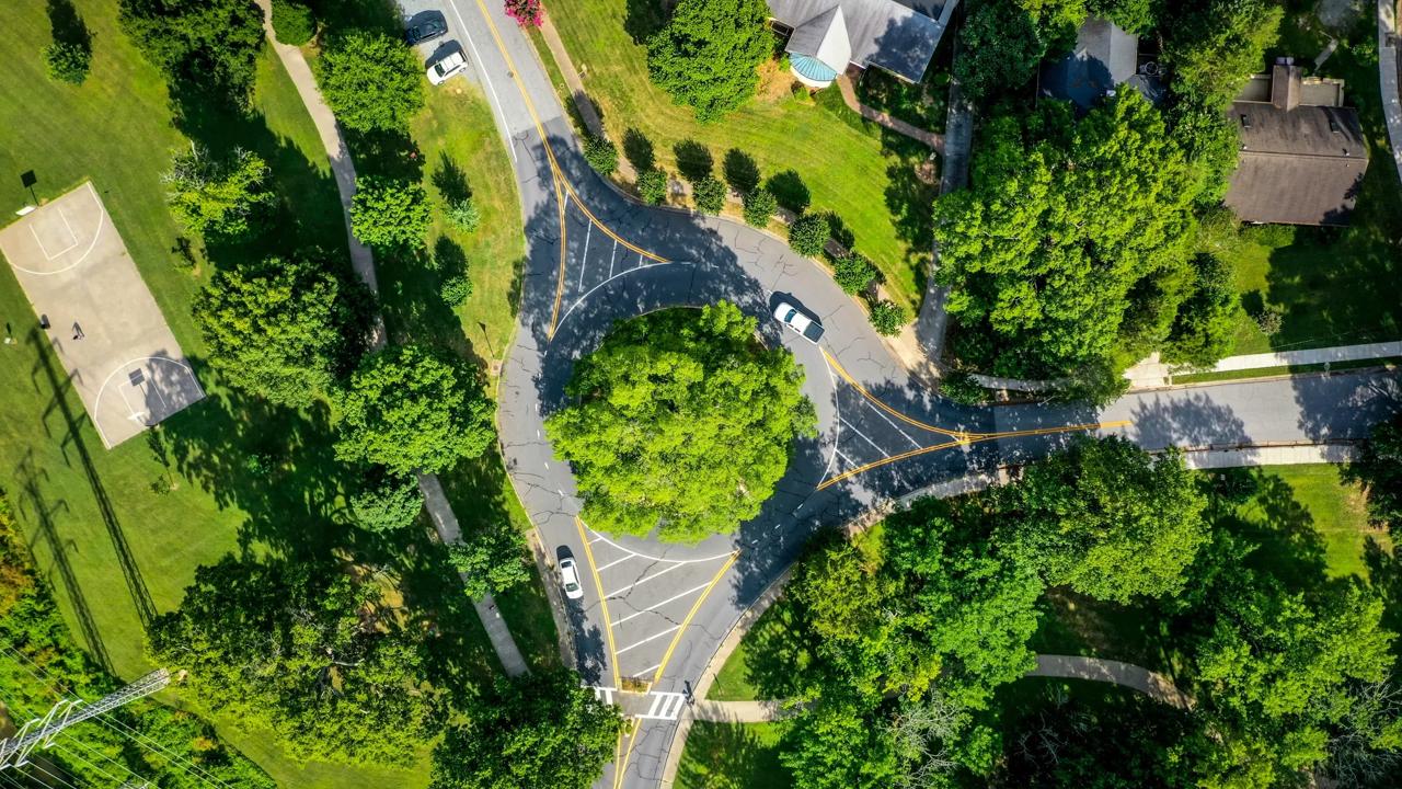 A bird's eye view of a green city streets