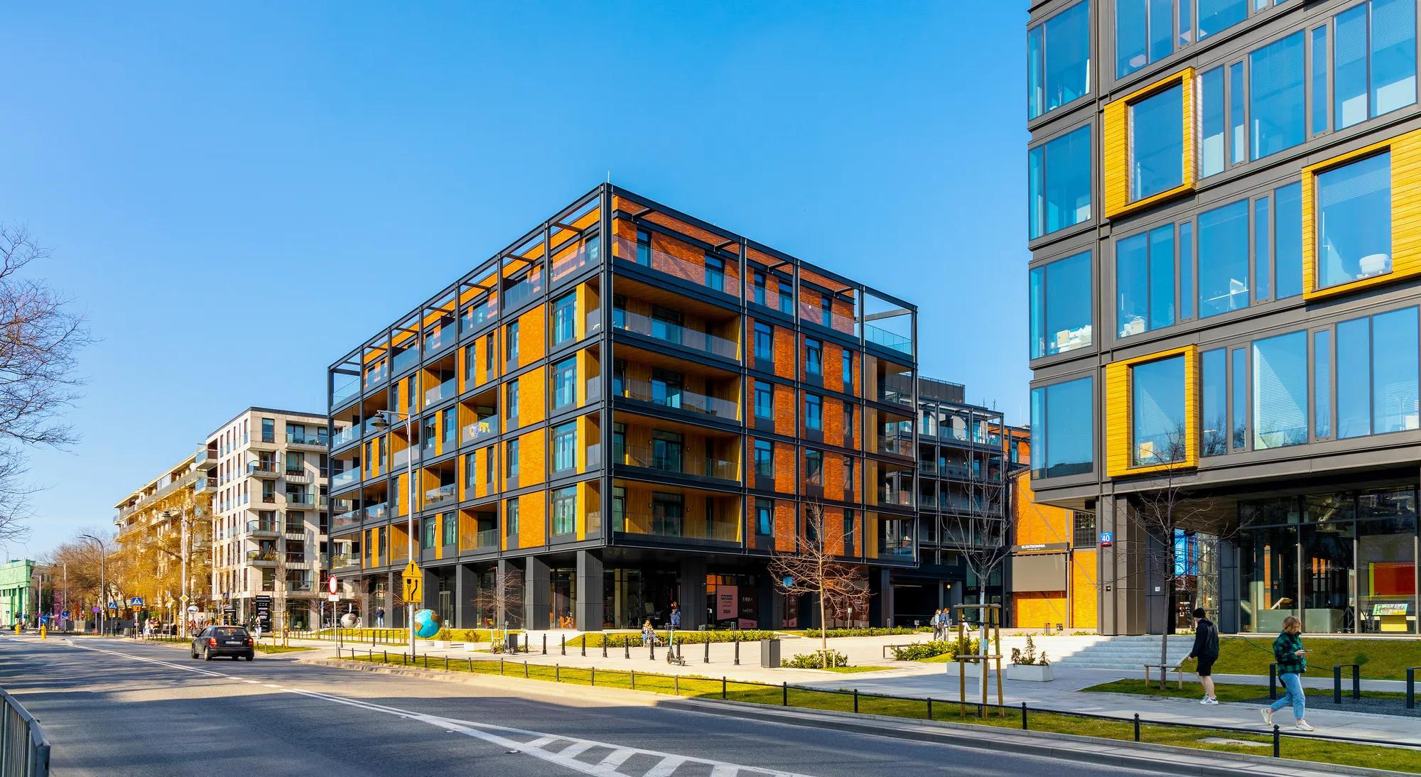 Warsaw, Poland - March 25, 2022: Modern residential apartment development projects at Dobra street in Srodmiescie Powisle downtown district