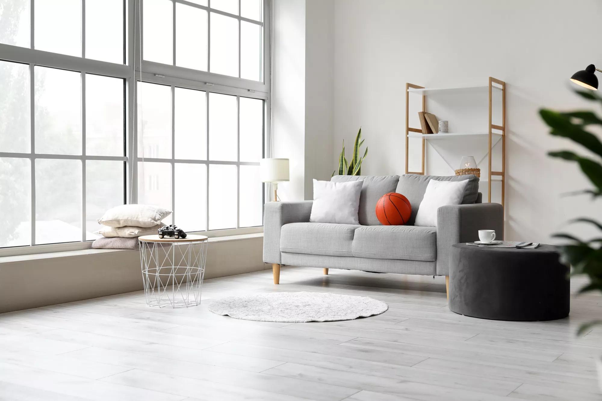Interior of light room with sofa, pouf and shelf unit