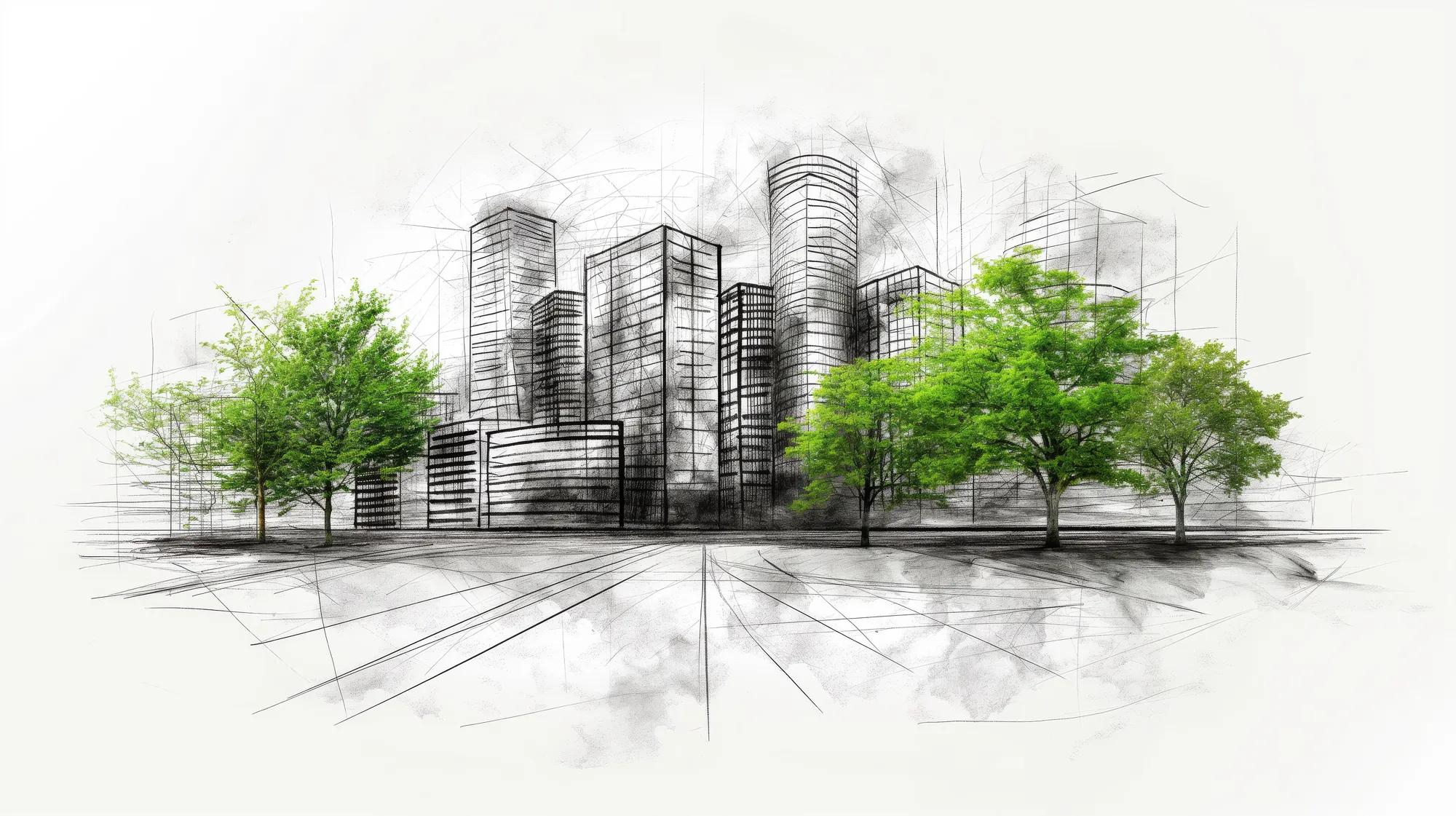 Modern city building architectural charcoal sketch lines with green tree outline in white background, --ar 16:9 --stylize 250 --v 6 Job ID: 1fef5216-63ae-4d62-8f2b-f787daa9fb92