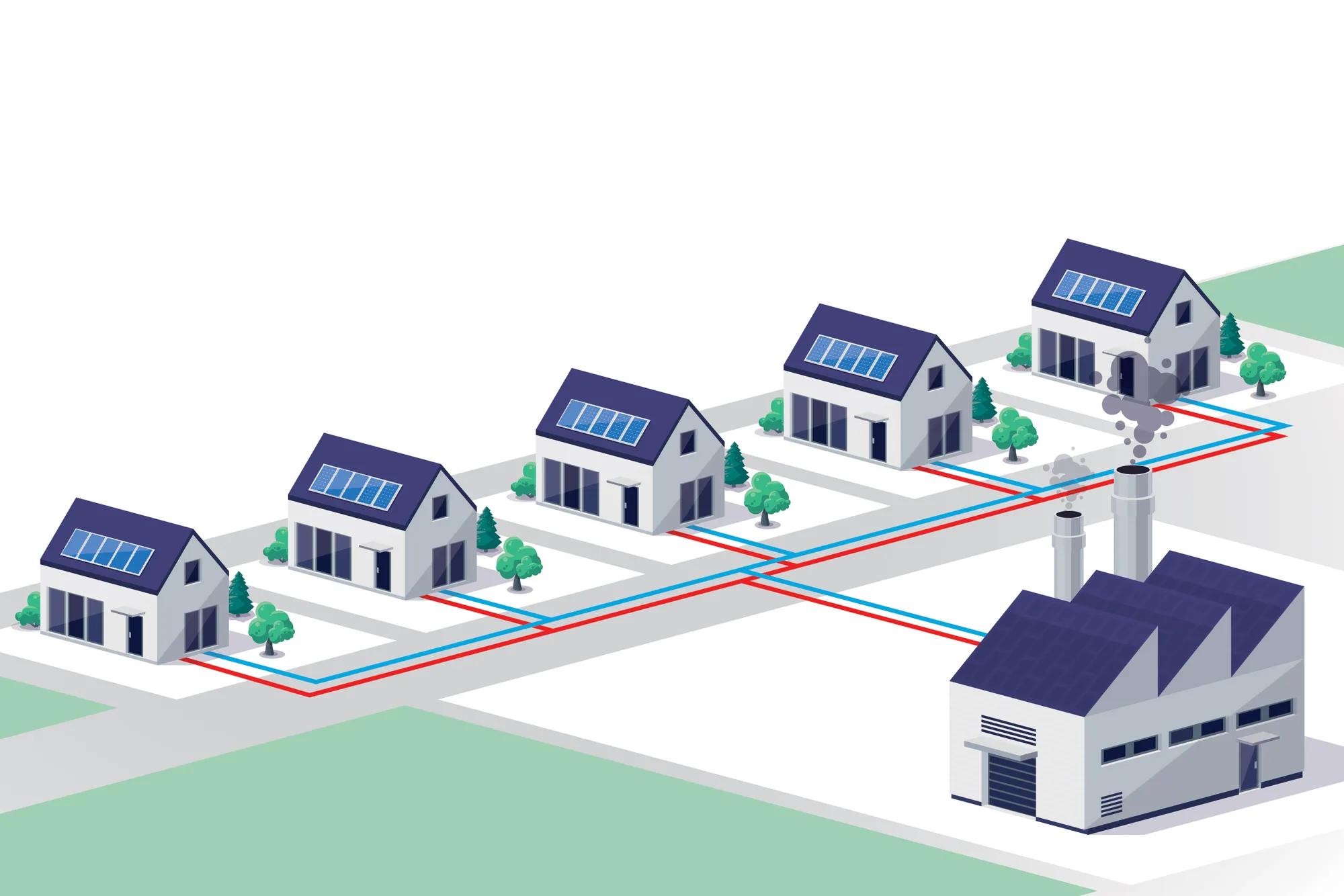 Heat network with a DHU providing heating and domestic hot water to single family homes and apartment buildings