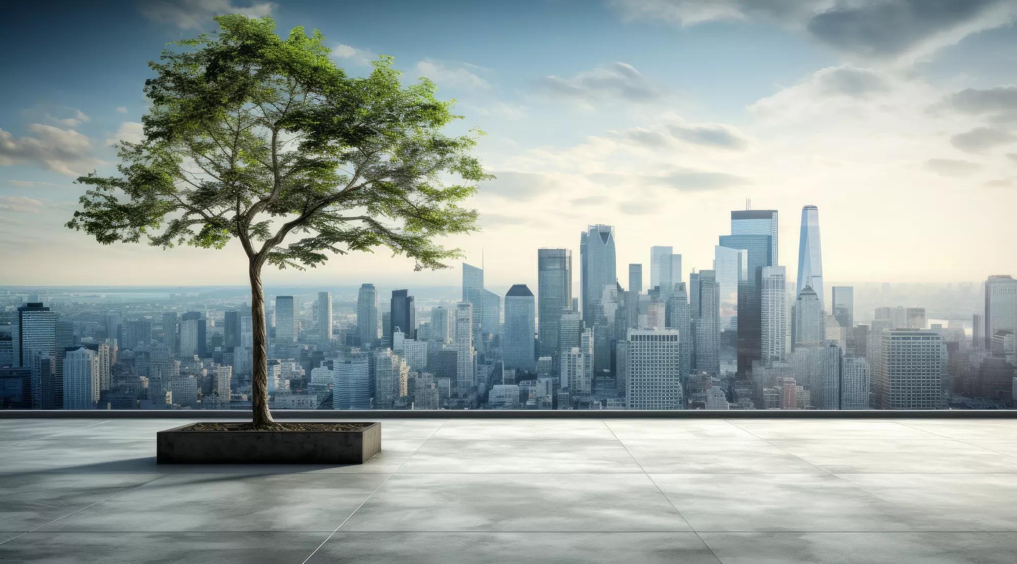 Empty concrete floor with tree and city skyline background. Urbanization and sustainable environment concept