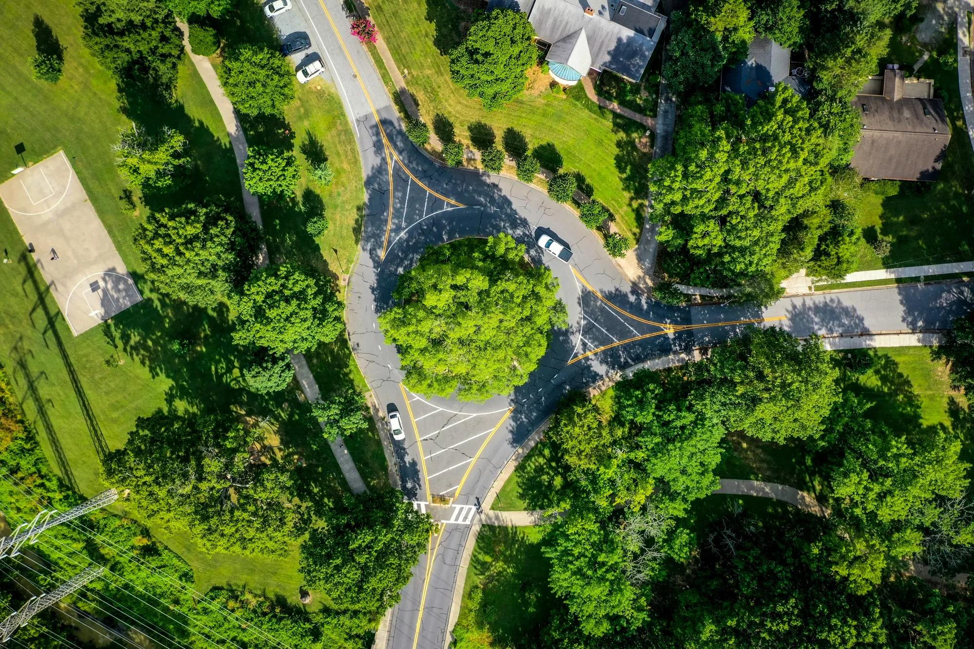 A bird's eye view of a green city streets