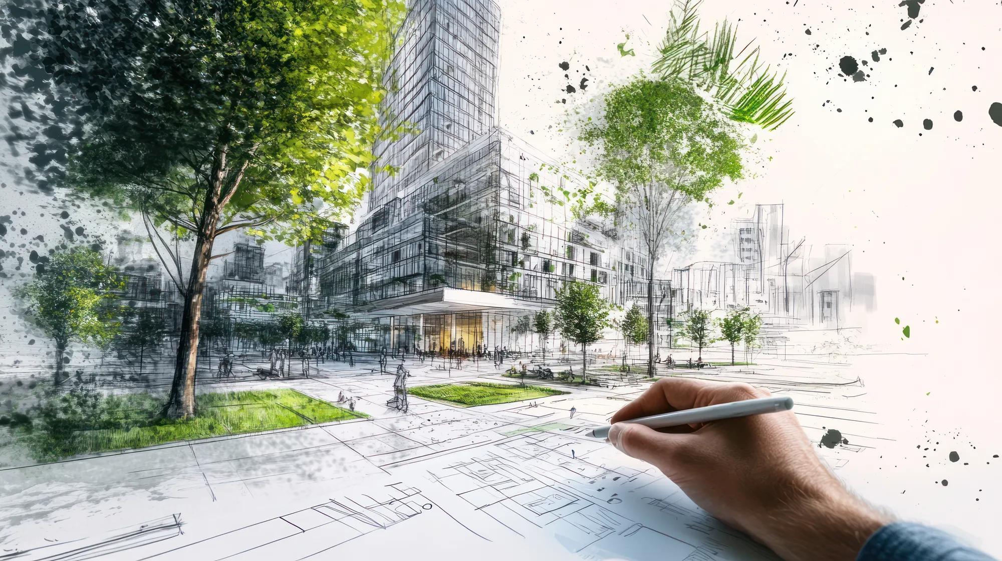 A hand sketches a modern urban landscape with greenery and buildings in a creative design process.